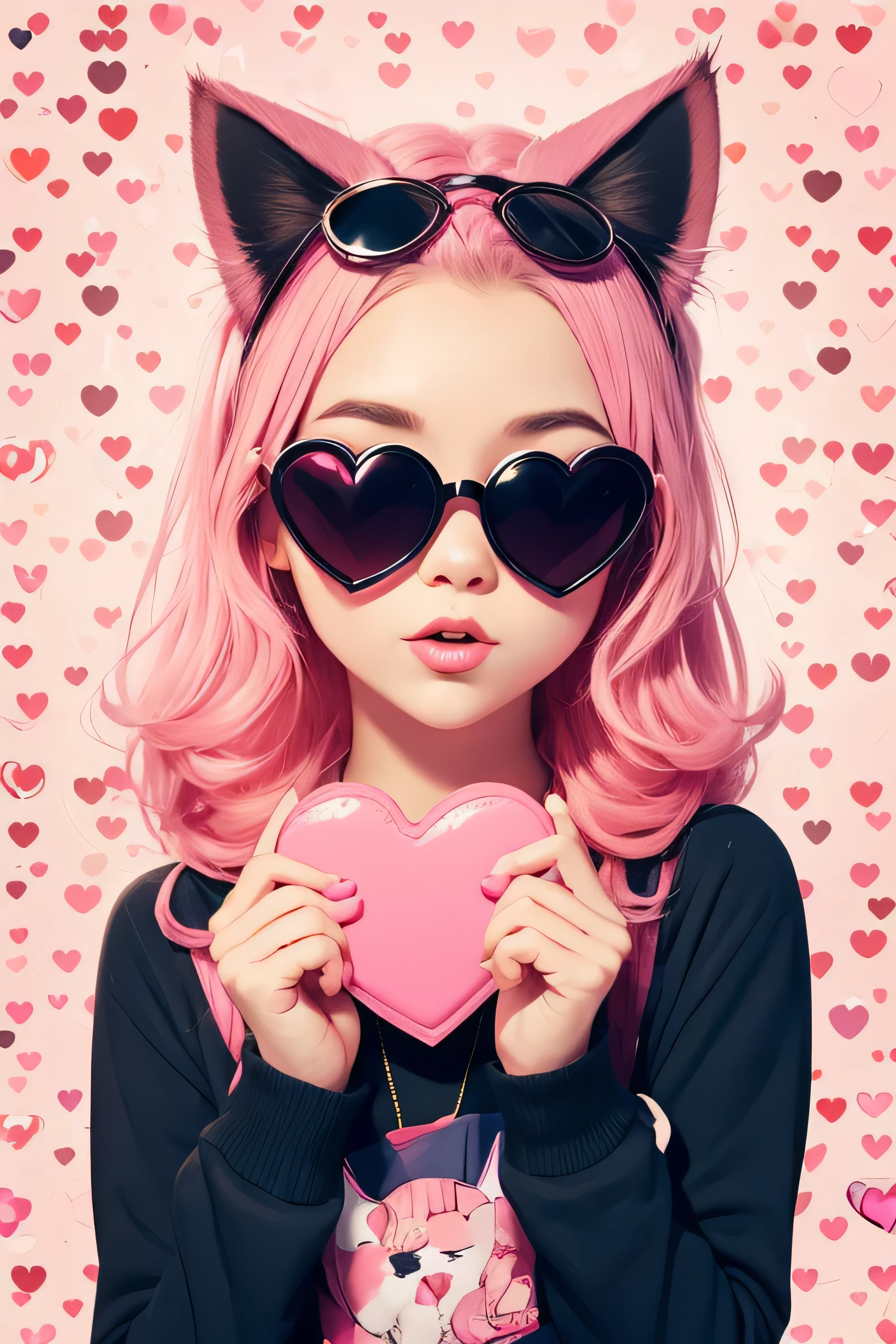 {Funny portrait cute kitty with a heart shaped sunglases} illustration in the style of steve hillier, pink, quirky details, candy hearts pattern background, harry shoulberg, creased, captivating, talbot hughes, no hands, close up