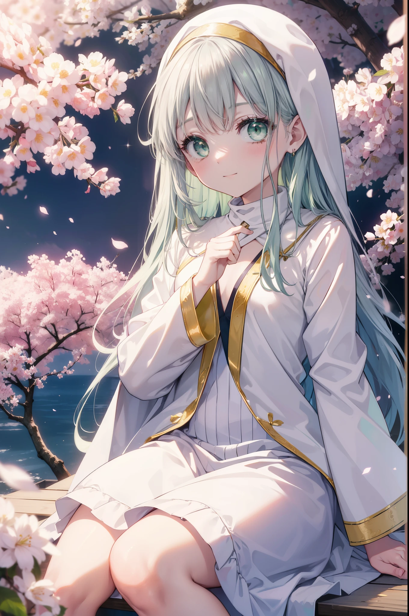 index, index, (green eyes:1.5), silver hair, long hair, (flat chest:1.2),smile,happy atmosphere,
break the habit, long sleeve, nun, robe, white robe, wide sleeve,long skirt,brown short boots,A sheet is stretched under the cherry tree,I&#39;Iは桜の木の下でシートに座っています,food is placed on the seat,pink landscape,
壊す looking at viewer, Upper body, whole body,
rest outdoors, Demolish a park where cherry blossoms are blooming (masterpiece:1.2), highest quality, High resolution, unity 8k wallpaper, (shape:0.8), (fine and beautiful eyes:1.6), highly detailed face, perfect lighting, Very detailed CG, (perfect hands, perfect anatomy),