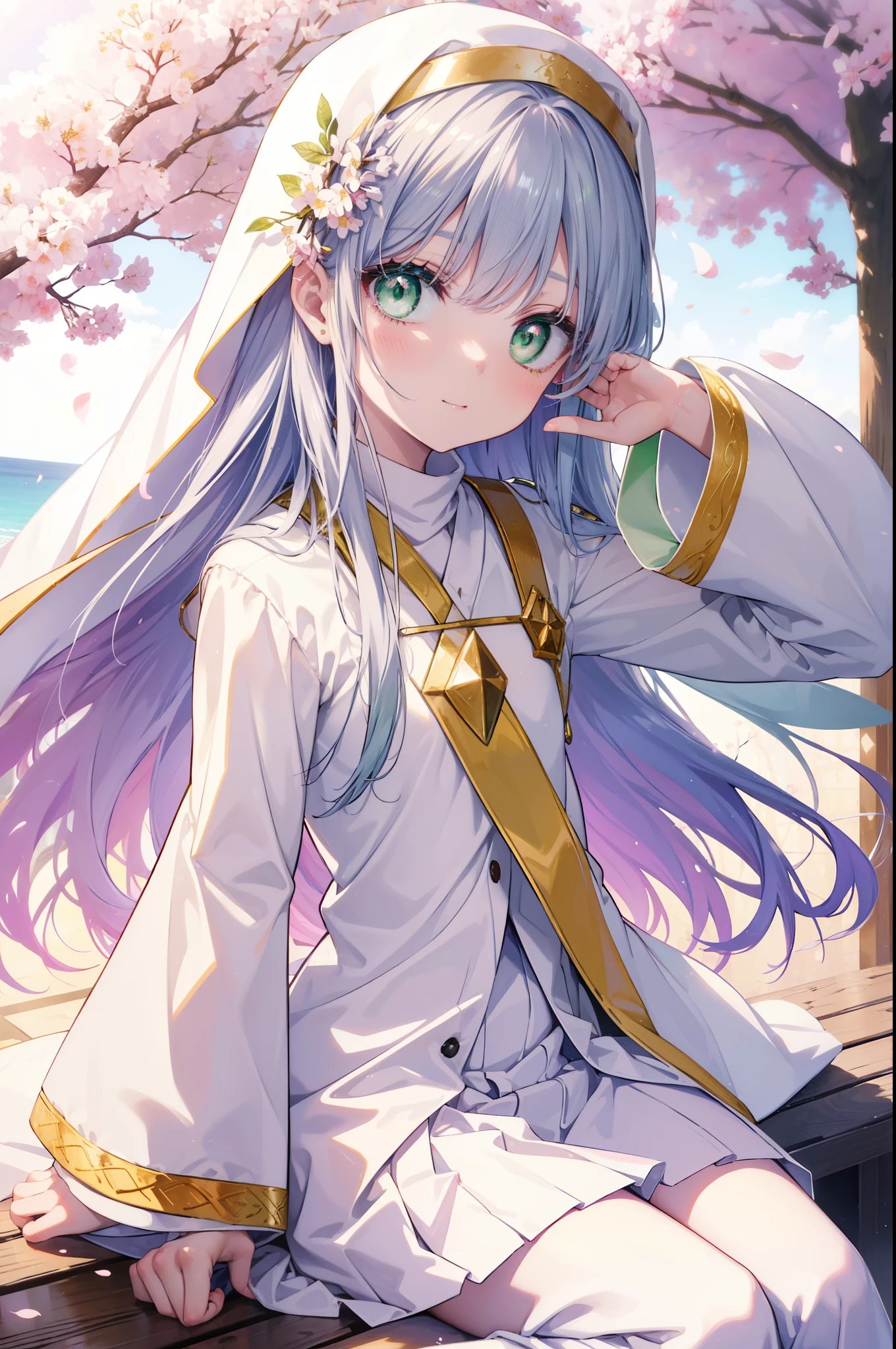 index, index, (green eyes:1.5), silver hair, long hair, (flat chest:1.2),smile,happy atmosphere,
break the habit, long sleeve, nun, robe, white robe, wide sleeve,long skirt,brown short boots,A sheet is stretched under the cherry tree,I'Iは桜の木の下でシートに座っています,food is placed on the seat,pink landscape,
壊す looking at viewer, Upper body, whole body,
rest outdoors, Demolish a park where cherry blossoms are blooming (masterpiece:1.2), highest quality, High resolution, unity 8k wallpaper, (shape:0.8), (fine and beautiful eyes:1.6), highly detailed face, perfect lighting, Very detailed CG, (perfect hands, perfect anatomy),