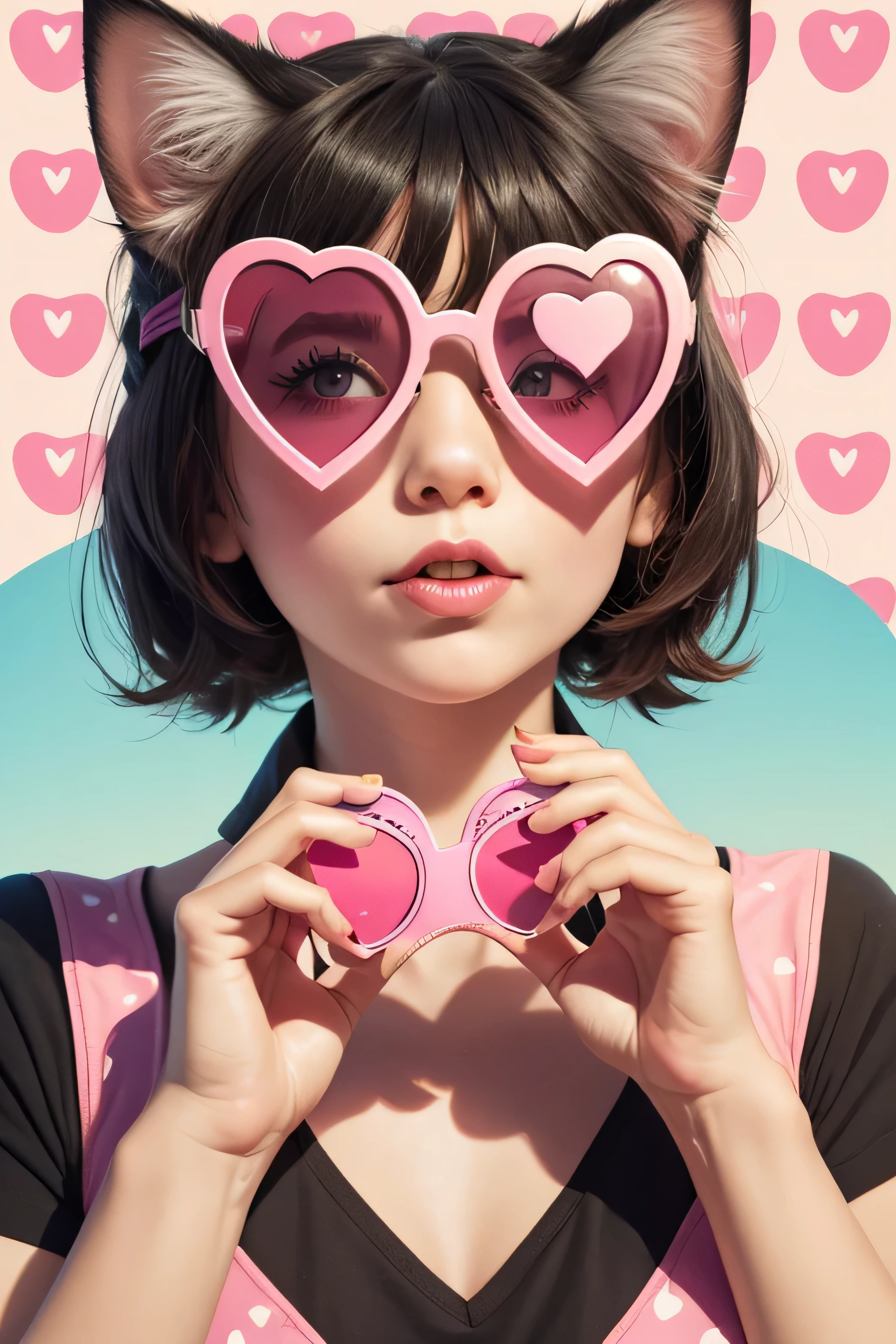 distance from view {Funny portrait cute kitty with a heart shaped sunglases} illustration in the style of steve hillier, pink, quirky details, candy hearts pattern background, harry shoulberg, creased, captivating, talbot hughes, no hands,