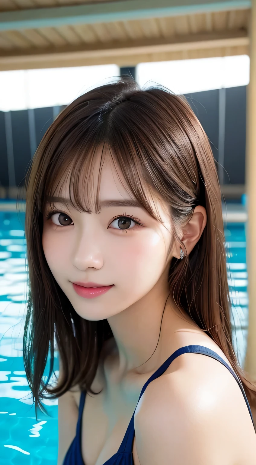 table top, highest quality, shape, Super detailed, finely, High resolution, 16k, perfect dynamic composition, straight hair, medium hair, brown hair,natural color lip, smile, 20歳のgirl、cute、beautiful、完璧でbeautiful顔, beautiful and detailed face, slim face and body, Elegant face, KPOP idol face、Japanese idol faces、small face、Big eyes, brown eyes, droopy eyes, 緻密でbeautiful目,  girl, No bangs, swimsuit、pool、swim