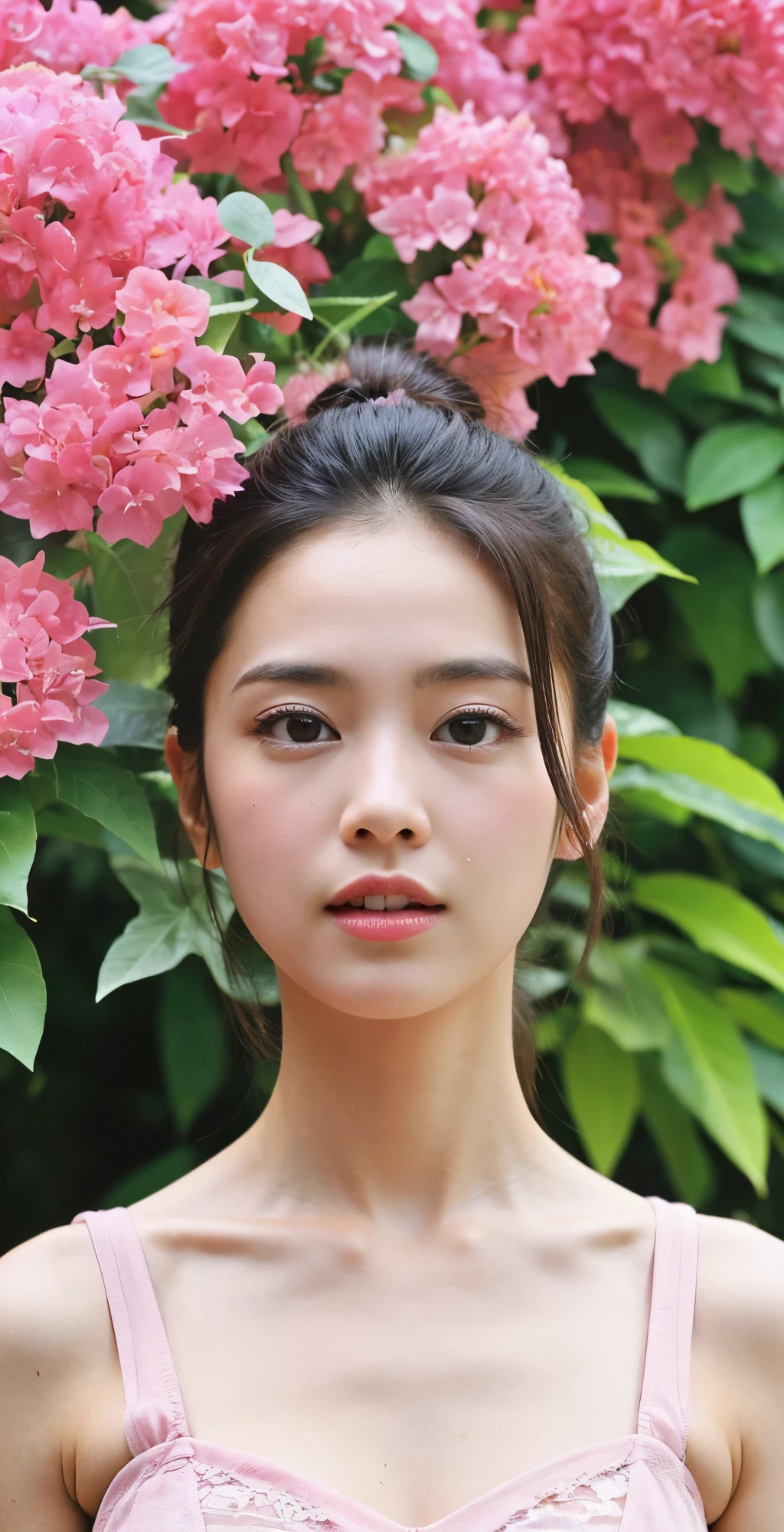 (highly detailed body, highly detailed face, highest quality:1.2) ,woman, look at the audience, (pink good, jeaness of pink bougainvillea on background:1.4)