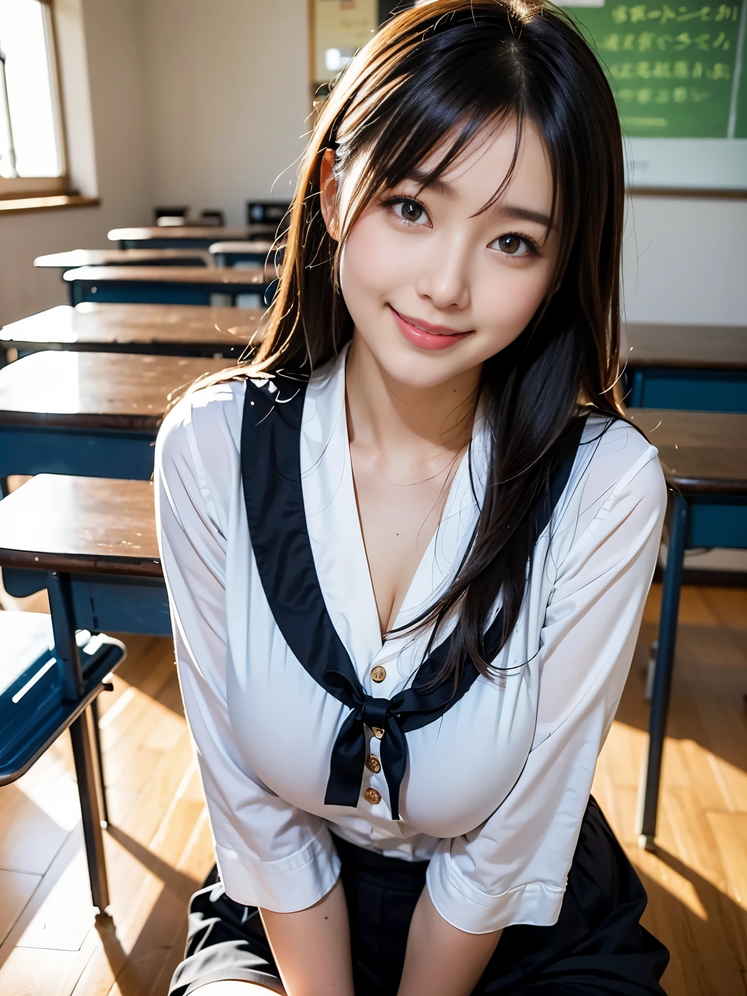 japanese woman、black hair、sailor suit、beautiful girl、classroom、big breasts、1 female、smile、