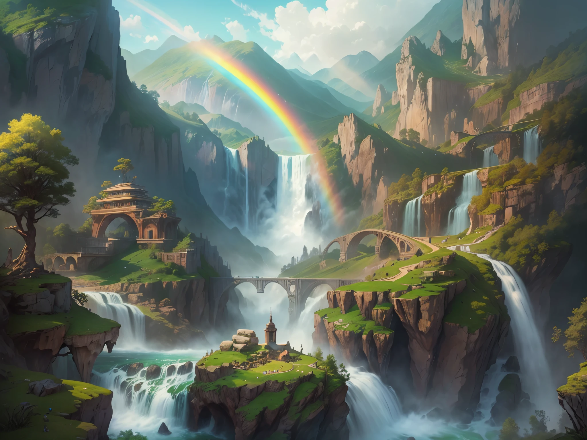 ((highest quality)),(ultra high resolution),(Super detailed),(detailed description),((best CG)),(best work of art),super precision art,amazing drawing art,(Fantasy art with precise details:1.5), A large waterfall falling from the sky,A clear rainbow bridge,wood々A mountain where the greenery of々