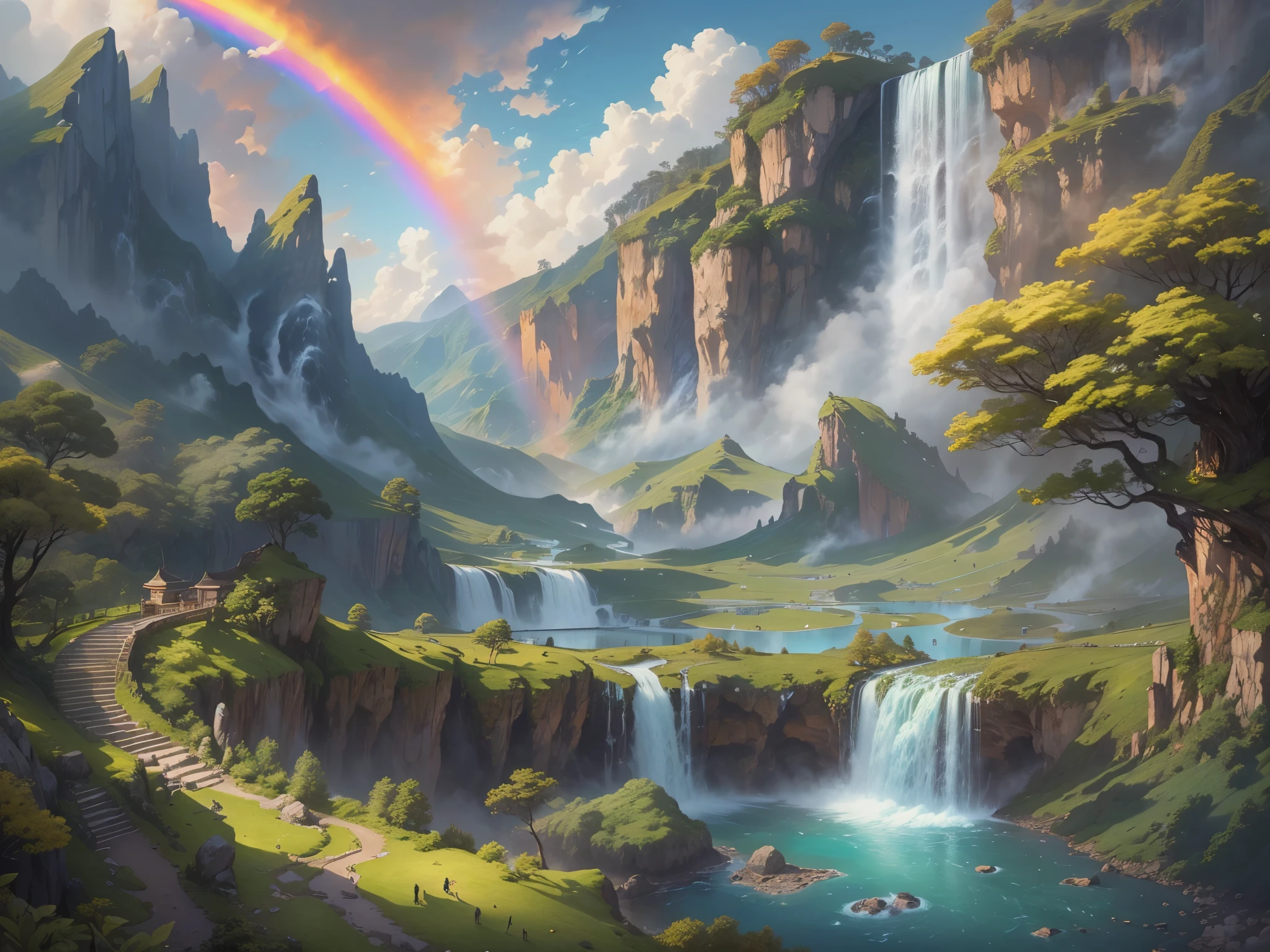 ((highest quality)),(ultra high resolution),(Super detailed),(detailed description),((best CG)),(best work of art),super precision art,amazing drawing art,(Fantasy art with precise details:1.5), A large waterfall falling from the sky,A clear rainbow bridge,wood々A mountain where the greenery of々
