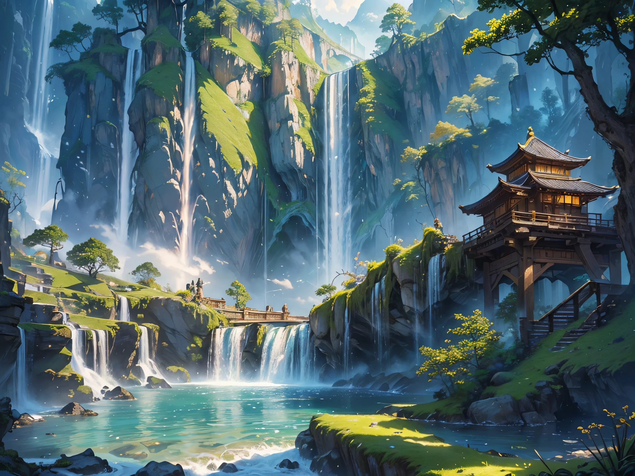 ((highest quality)),(ultra high resolution),(Super detailed),(detailed description),((best CG)),(best work of art),super precision art,amazing drawing art,(Fantasy art with precise details:1.5), A large waterfall falling from the sky,A clear rainbow bridge,wood々A mountain where the greenery of々