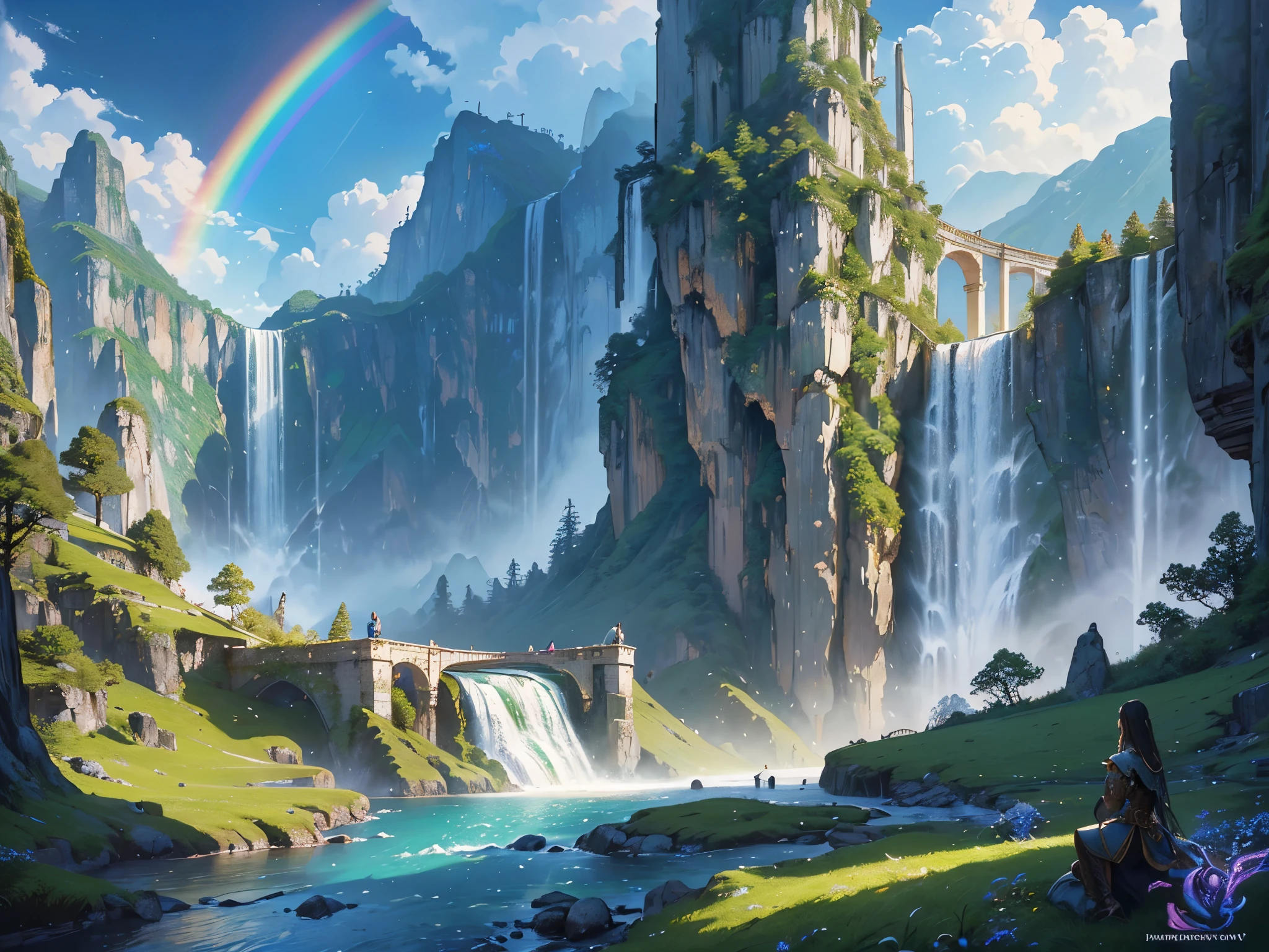 ((highest quality)),(ultra high resolution),(Super detailed),(detailed description),((best CG)),(best work of art),super precision art,amazing drawing art,(Fantasy art with precise details:1.5), A large waterfall falling from the sky,A clear rainbow bridge,wood々A mountain where the greenery of々