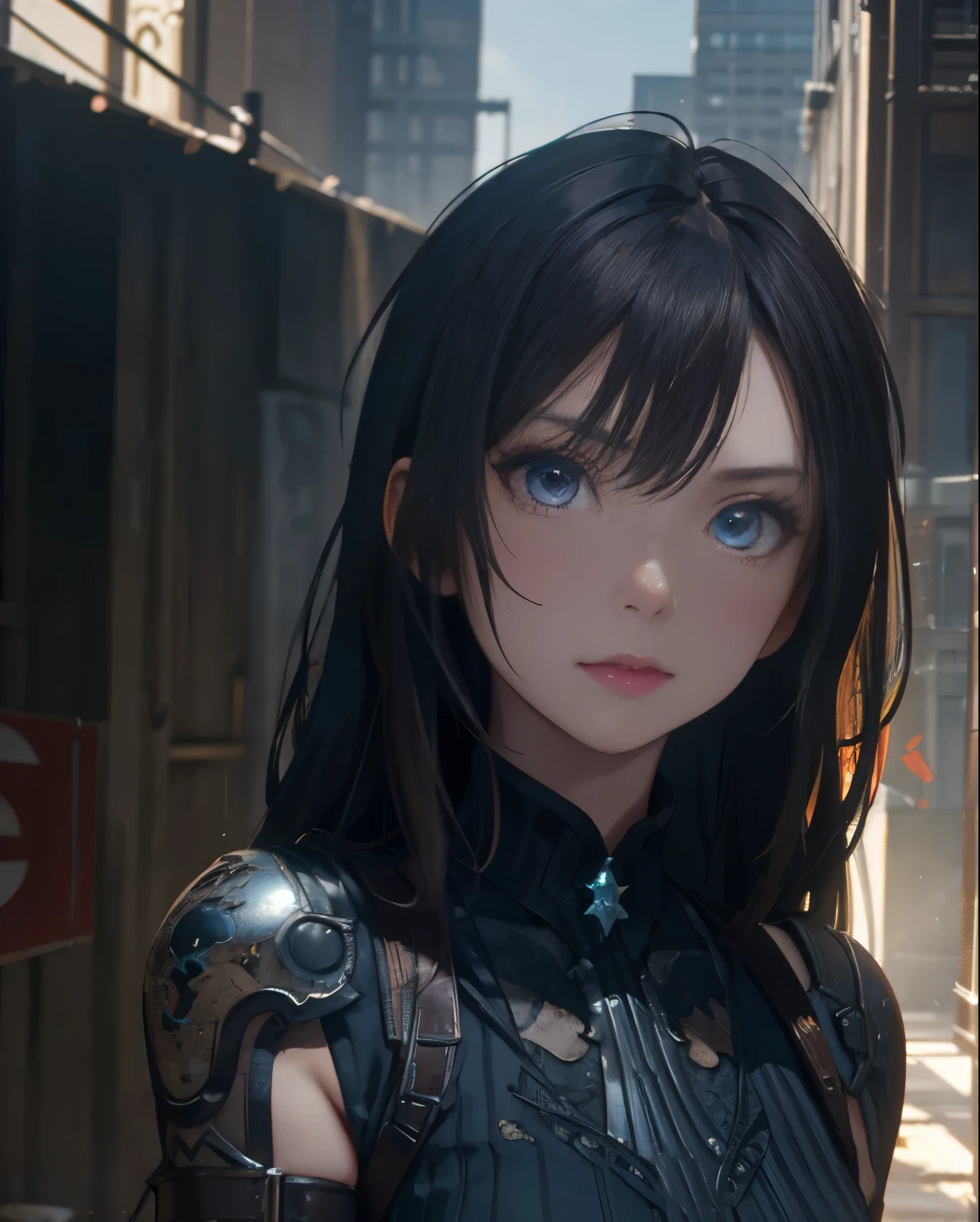 Detailed photo of futuristic beautiful female warrior in dystopian city, Tattered outfit with rusty metal armor plates, long wild hair, Tattoos on the arms and body, Fashion poses, Blue eyes with round iris, Detailed face, apocalyptic environment, Natural Body Poses, Professional Photographer, Shooting with a professional SLR camera, Professional fantasy artist, Professional Rococo and Baroque background artist, Professional Art Station Artist