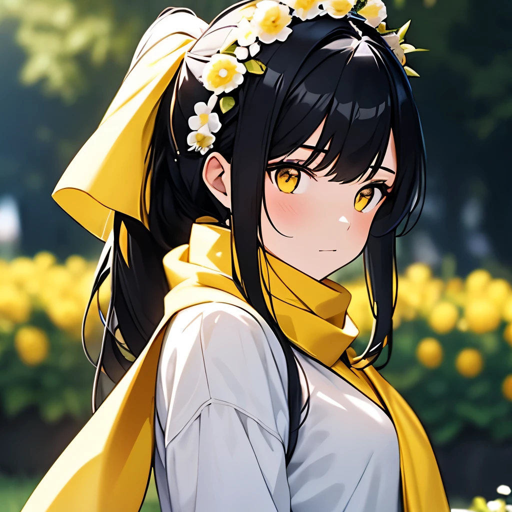 a girl with a black hair and white and yellow outfit and in a garden background, wearing flower crown, (1girl:0.872), (black hair:0.758), (blurry:0.926), (blurry background:0.703), (yellow eyes:0.562), (depth of field:0.625), (ponytail hair:0.855), (outdoors:0.541), (yellow scarf:0.989), (solo:0.886), (upper body:0.683)