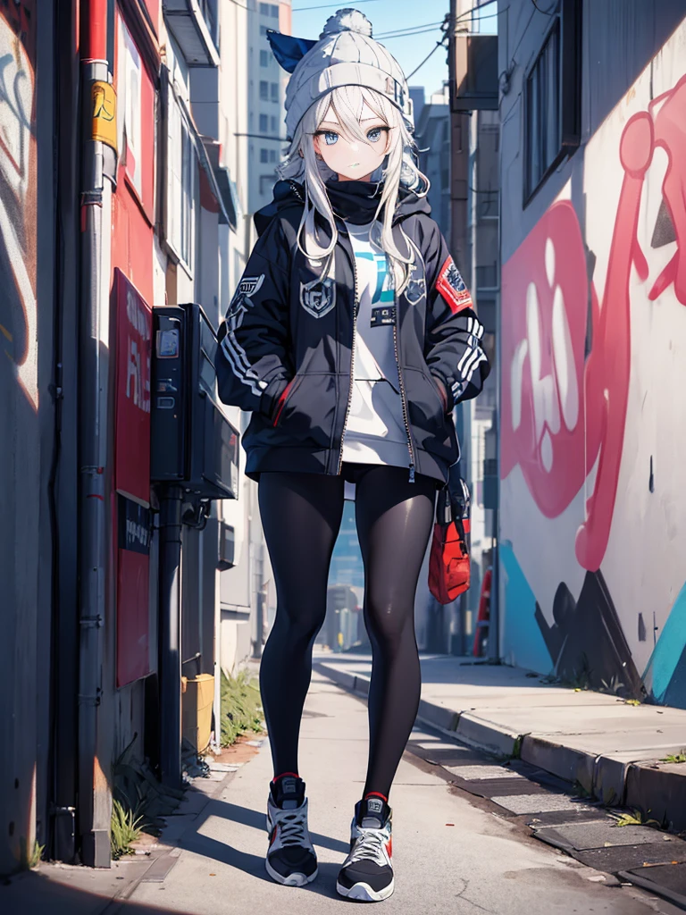 (masterpiece: 1.2, best quality), graffiti wall:1.15, one lady, (wearing a beanie and jacket), Leggings, blue eyes, (full body view),
(exquisitely detailed and vivid depiction), a graffiti wall as the backdrop,
(her beanie covering her hair partially), jacket hugging her frame,
Leggings that accentuate her curves, blue eyes sparkling with life,
(every detail captured with precision and care), a masterpiece that takes your breath away.