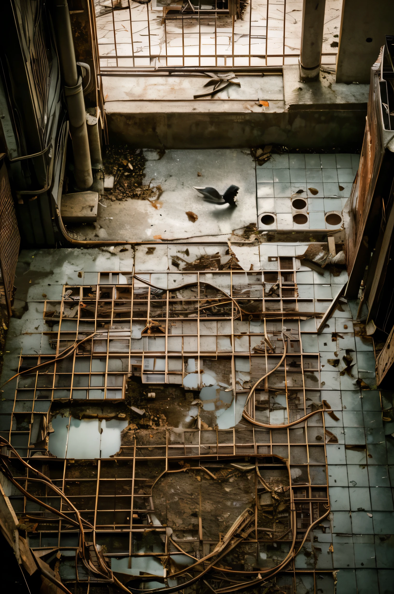 (破壊されたground)、((Cracked concrete))、(Exposed steel frame)、((Breaking the fast))、wreckage、ground、(bird'point of view)、((photo quality))、High resolution、high quality、((rust))、Spooky、Destructive、(sunlight)、