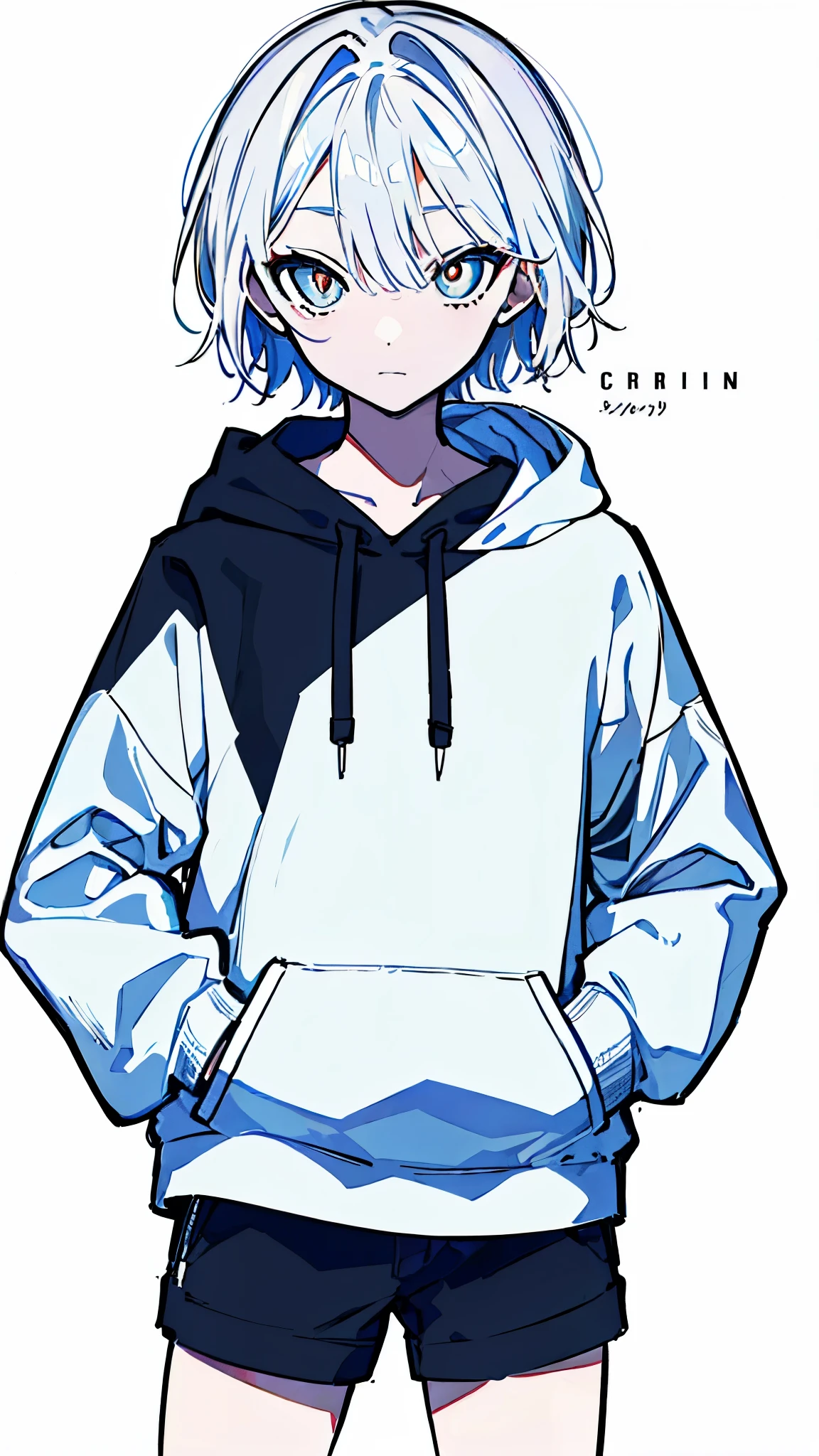 (masterpiece, highest quality:1.6), alone, thick outline, (simple background, bright white background, monochrome, bright white theme:1.2), official art, Key Visual, 8k, confused, whole body, (unique hair, oversized hoodie, hot pants, wearing a hood, arch back, short torso:1.2), belly button, thighs, cowboy shot, HDR, sharp focus, High resolution, most detailed, very detailed, Super detailed, finely, detailed eyes and face, sharp pupils, realistic student, alone, put one's hand in one's pocket