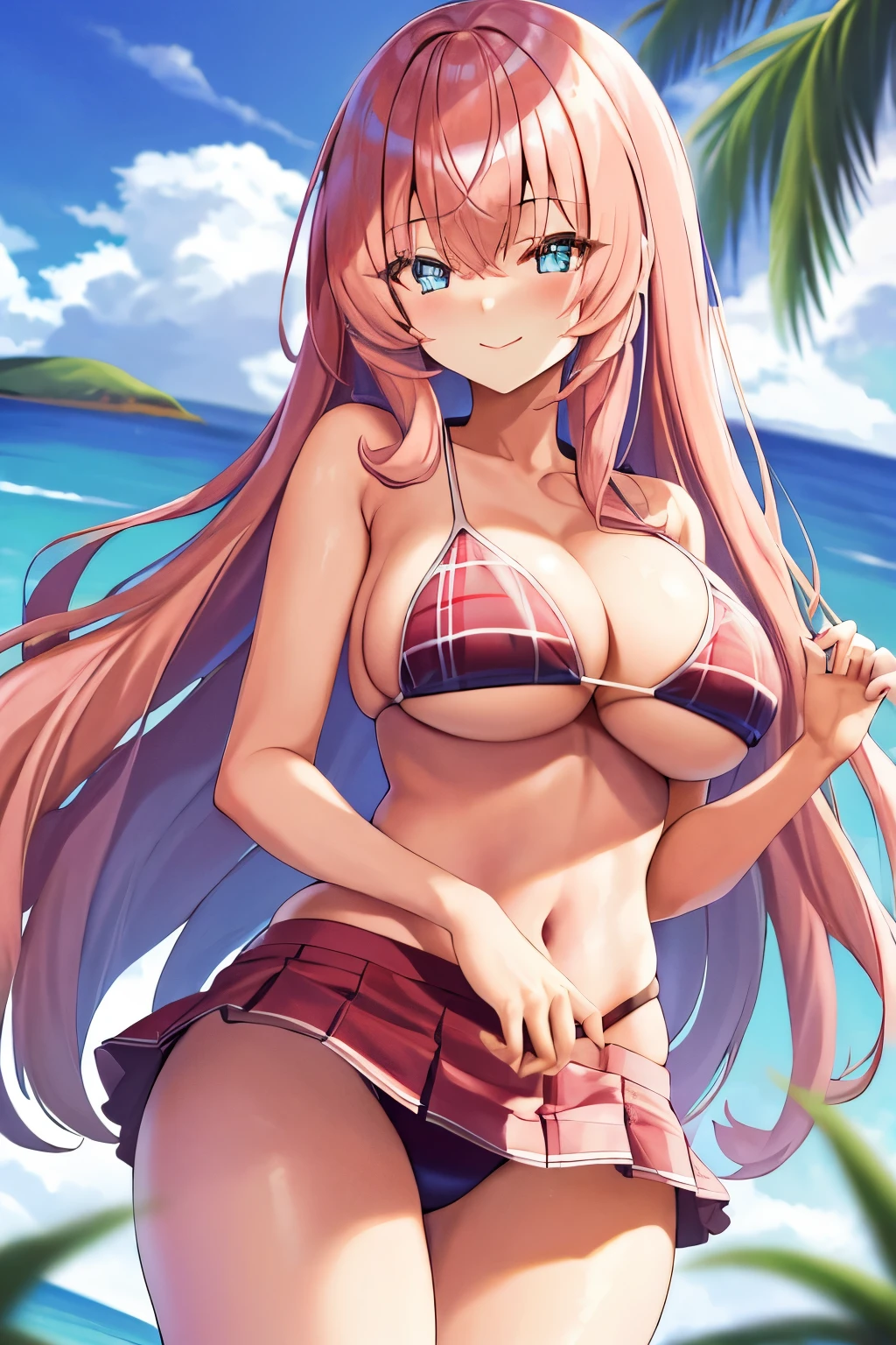 Big tits, masterpiece, best quality, highres, 1girl, ichinose honami, The landscape,With gorgeous pink hair,a blue eyes,Bigchest,(highdetailskin:1.2),laced dress,the shy,Happy,face flushed,Elegant, Ultra small and tight bikini, she wear only bikini, Smooth skin,back to look back,ssmile,close one eye, Background with((Hawaiian))