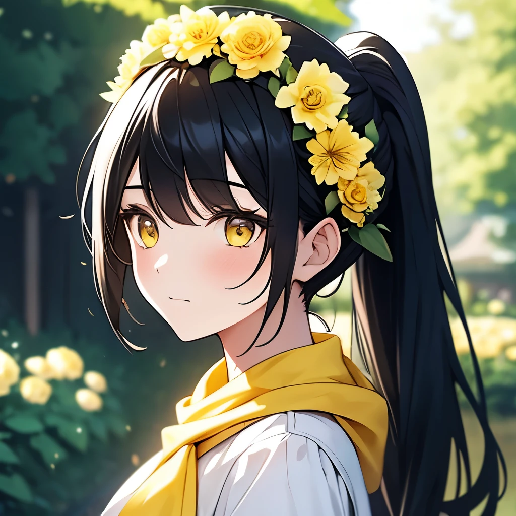 a girl with a black hair and white and yellow outfit and in a garden background, wearing flower crown, (1girl:0.872), (black hair:0.758), (blurry:0.926), (blurry background:0.703), (yellow eyes:0.562), (depth of field:0.625), (ponytail hair:0.855), (outdoors:0.541), (yellow scarf:0.989), (solo:0.886), (upper body:0.683)