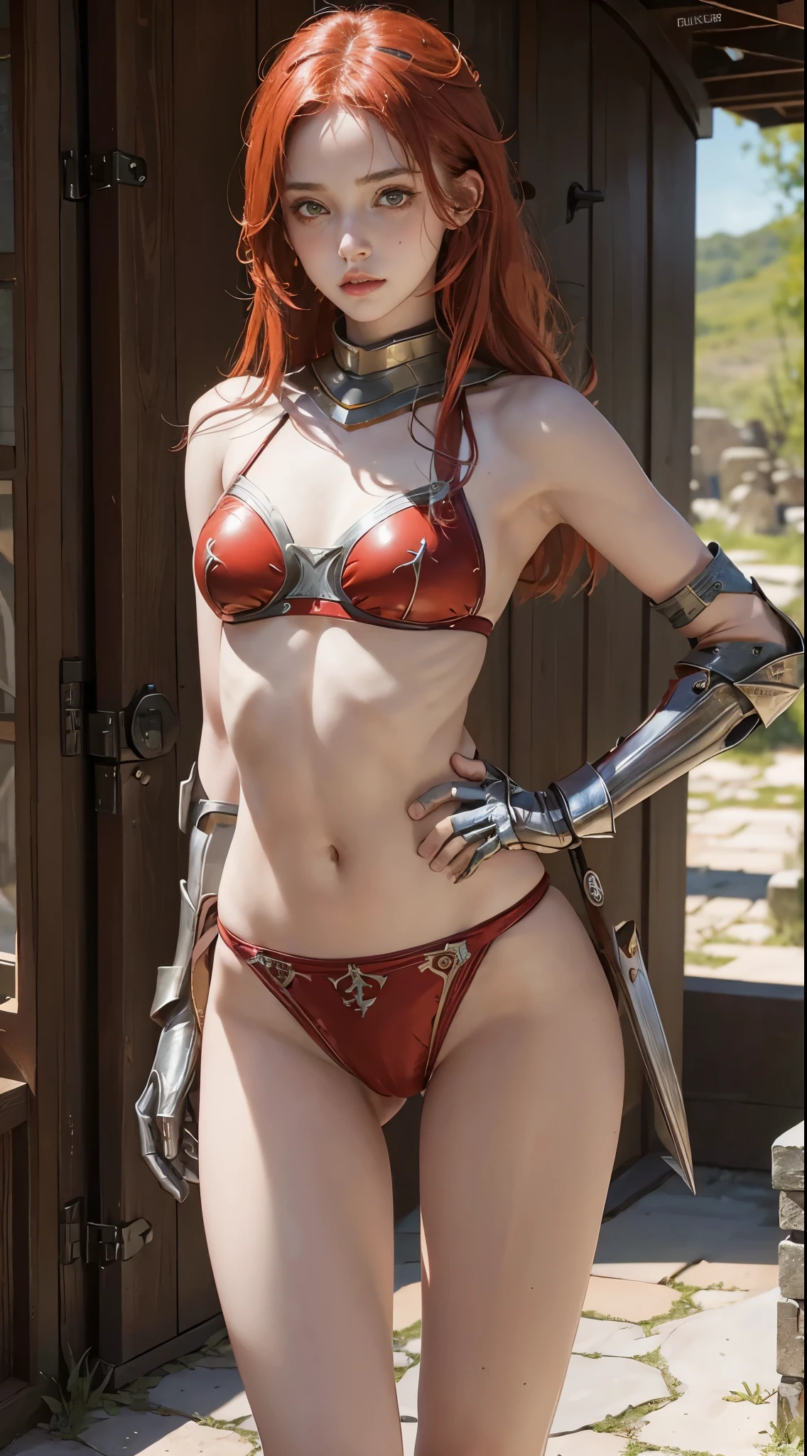 Redhead warrior girl, young girl, 18 years old, pretty girl, pretty face, slim body, open crotch, gap between thighs, slender legs, standing, front, plate armor, steel breastplate, steel gauntlets, steel gloves, (no pants), (red panties), tight panties, tiny panties, ((cameltoe)), medieval fantasy, Dungeons and dragons, RPG character, (in a battlefield), cowboy shot, quality, (masterpiece), 8k