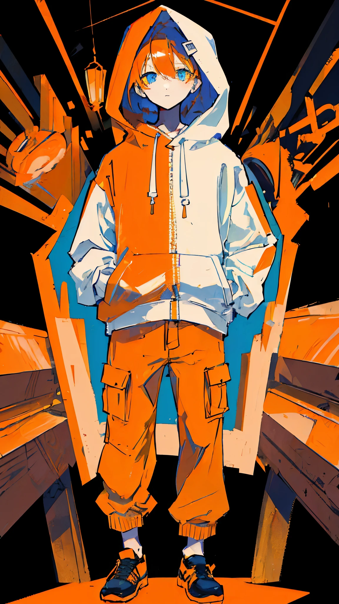 (masterpiece, highest quality:1.6), alone, thick outline, (pastel, simple background, light orange background, monochrome, light orange theme:1.2), official art, Key Visual, 8K, disorganized, whole body, (unique hair, oversized hoodie, hot pants, arch back, short torso:1.2), belly button, thighs, cowboy shot, HDR, sharp focus, High resolution, most detailed, very detailed, Super detailed, finely, detailed eyes and face, sharp pupils, realistic student, solo, orange and white contrast, solo, hands in pockets
