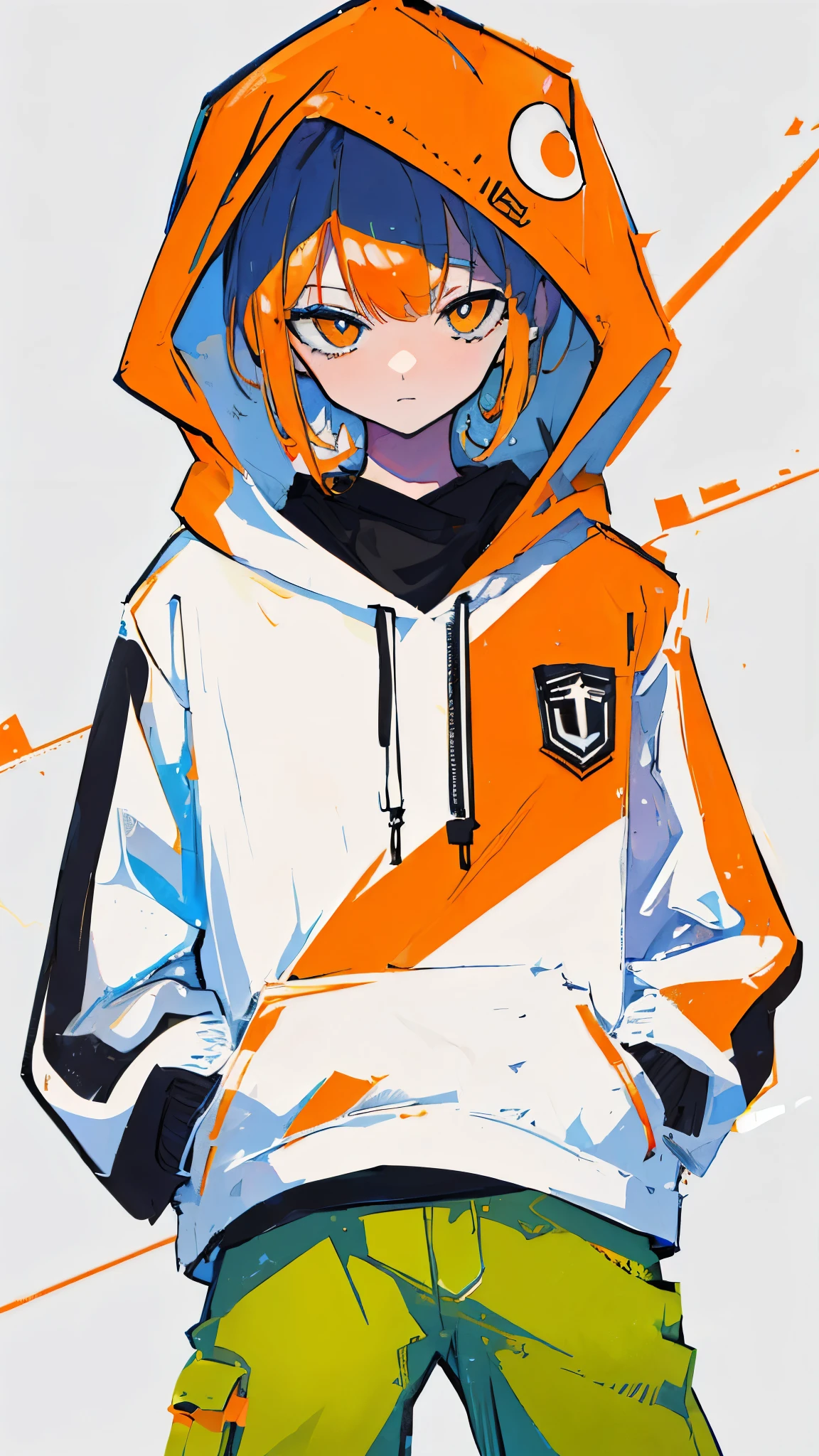 (masterpiece, highest quality:1.6), alone, thick outline, (pastel, simple background, light orange background, monochrome, light orange theme:1.2), official art, Key Visual, 8K, disorganized, whole body, (unique hair, oversized hoodie, hot pants, arch back, short torso:1.2), belly button, thighs, cowboy shot, HDR, sharp focus, High resolution, most detailed, very detailed, Super detailed, finely, detailed eyes and face, sharp pupils, realistic student, solo, orange and white contrast, solo, hands in pockets