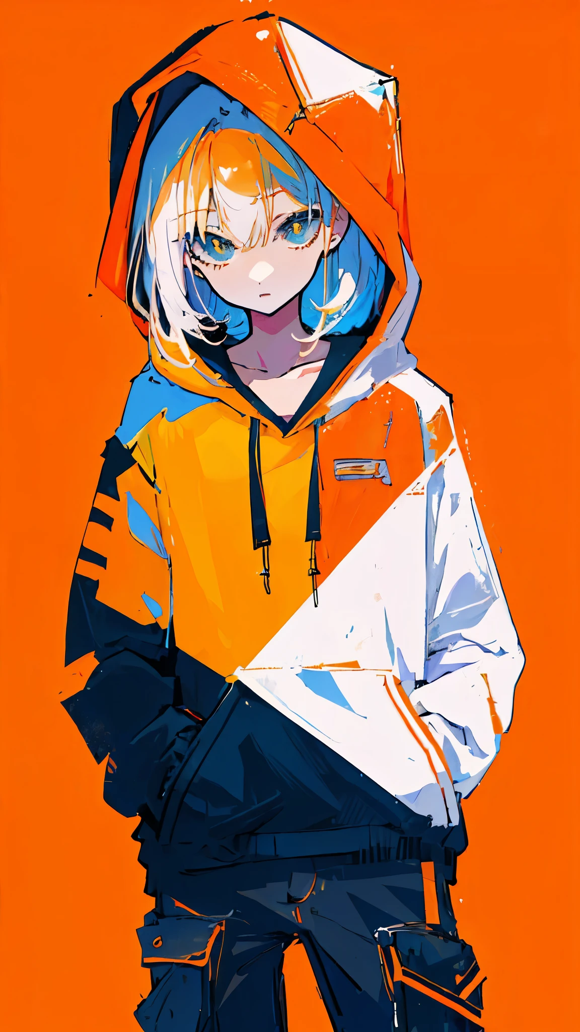 (masterpiece, highest quality:1.6), alone, thick outline, (pastel, simple background, light orange background, monochrome, light orange theme:1.2), official art, Key Visual, 8K, disorganized, whole body, (unique hair, oversized hoodie, hot pants, arch back, short torso:1.2), belly button, thighs, cowboy shot, HDR, sharp focus, High resolution, most detailed, very detailed, Super detailed, finely, detailed eyes and face, sharp pupils, realistic student, solo, orange and white contrast, solo, hands in pockets