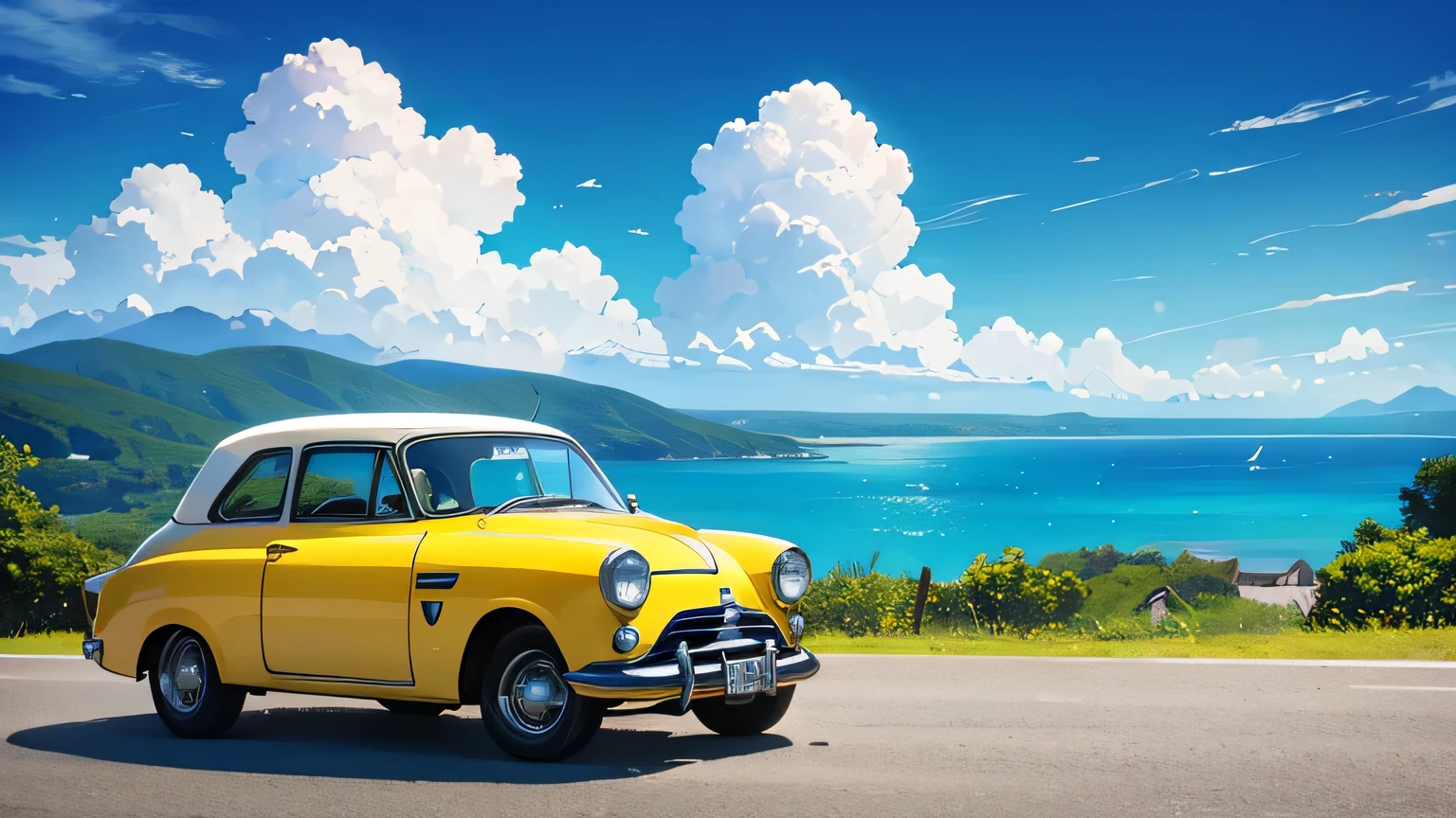 summer landscape、Ocean、Mountain、yellow car、Cars from the 1950s、rounded old car、load cargo onto the roof、Peaceful scenery、Running on the road、drive、camp、blue sky、beautiful scenery、wide field of view、(yellow car)、Small car、campに出かける、load cargo onto the roof、the car is facing left