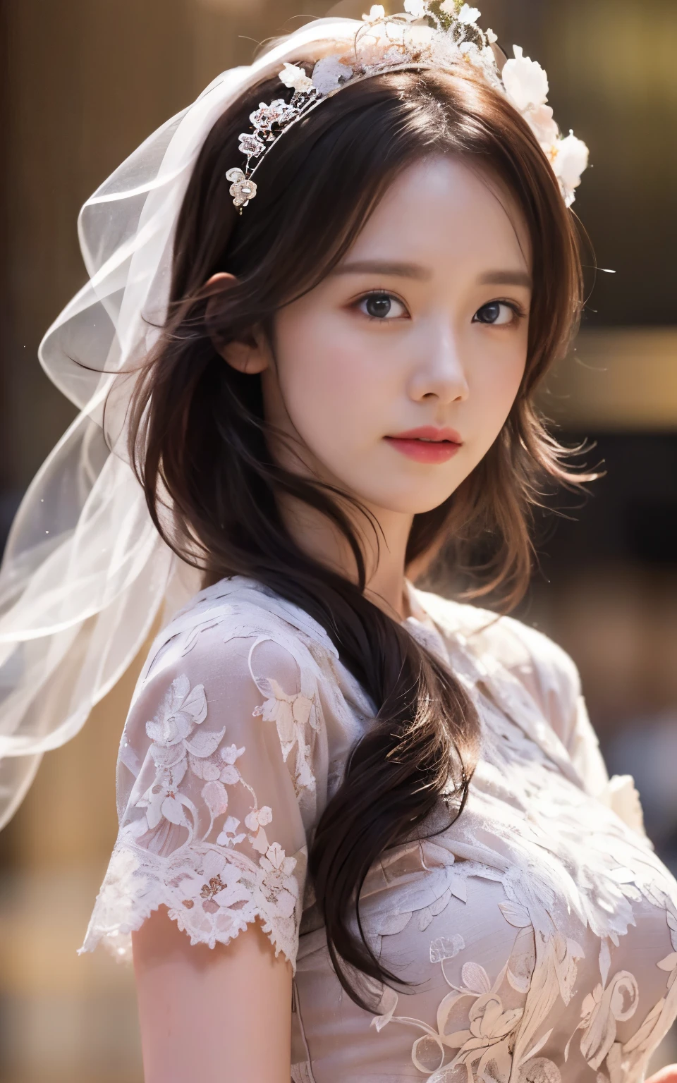 Highly detailed CG unity 8k wallpaper..., Highest quality, มีvery detailed, Masterpiece, realistic, photorealistic, very detailed, lovely young woman, (25 years old), Blush, weather, half body shot, white wedding dress, Stand and admire the night scenery.