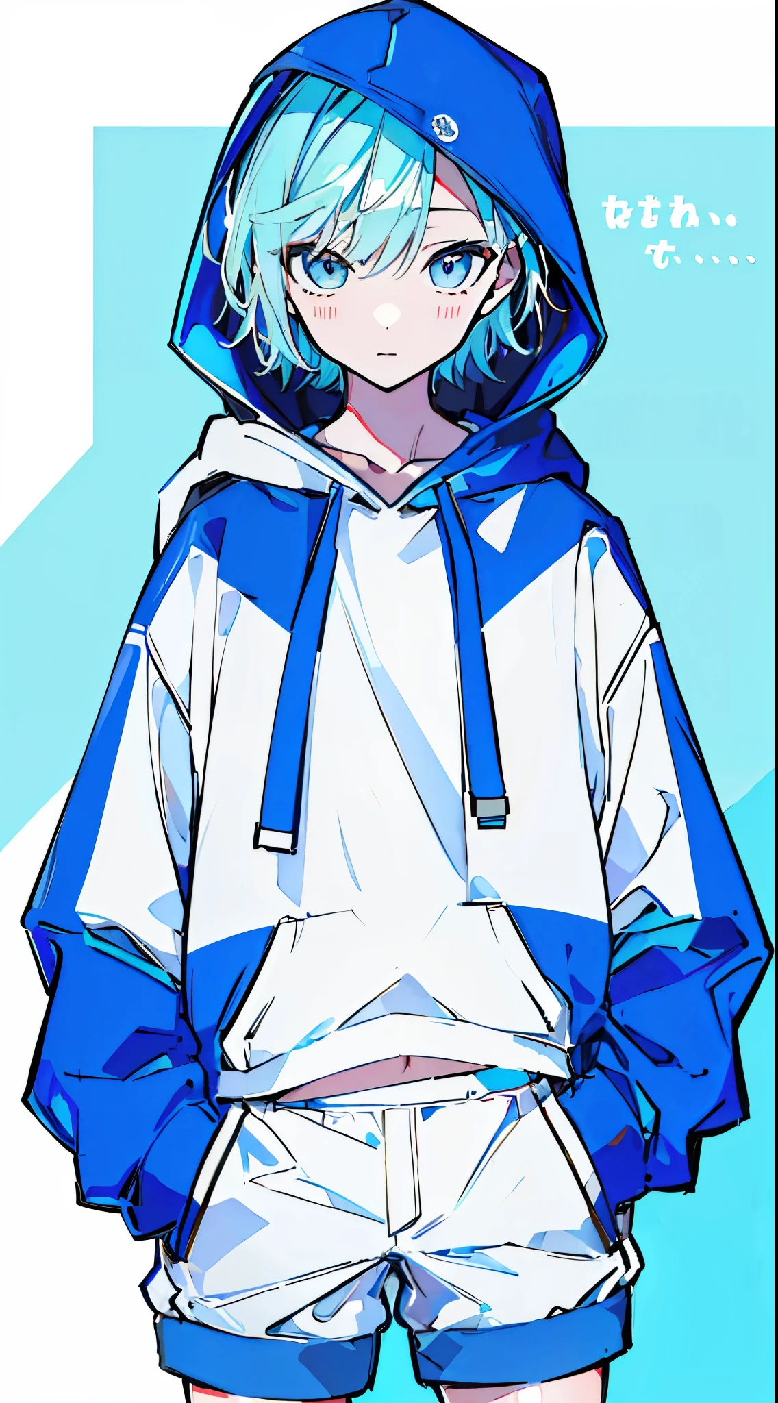 (masterpiece, highest quality:1.6), alone, thick outline, (simple background, light blue background, light blue theme:1.2), official art, Key Visual, 8K, disorganized, whole body, (unique hair, oversized hoodie, hot pants, wearing a hood, arch back, short torso:1.2), belly button, thighs, cowboy shot, HDR, sharp focus, High resolution, most detailed, very detailed, Super detailed, finely, detailed eyes and face, sharp pupils, realistic student, solo, White and blue contrast, hands in pockets
