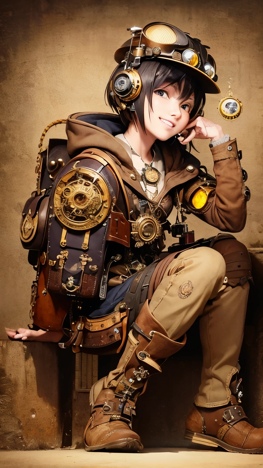 steampunkai。highest quality。masterpiece。detailed details。(one woman)。Postman in steampunk style。see the beholder。smile。steampunk marine cap。A bag with a postal mark is slung over his shoulder.。Steampunk bike。