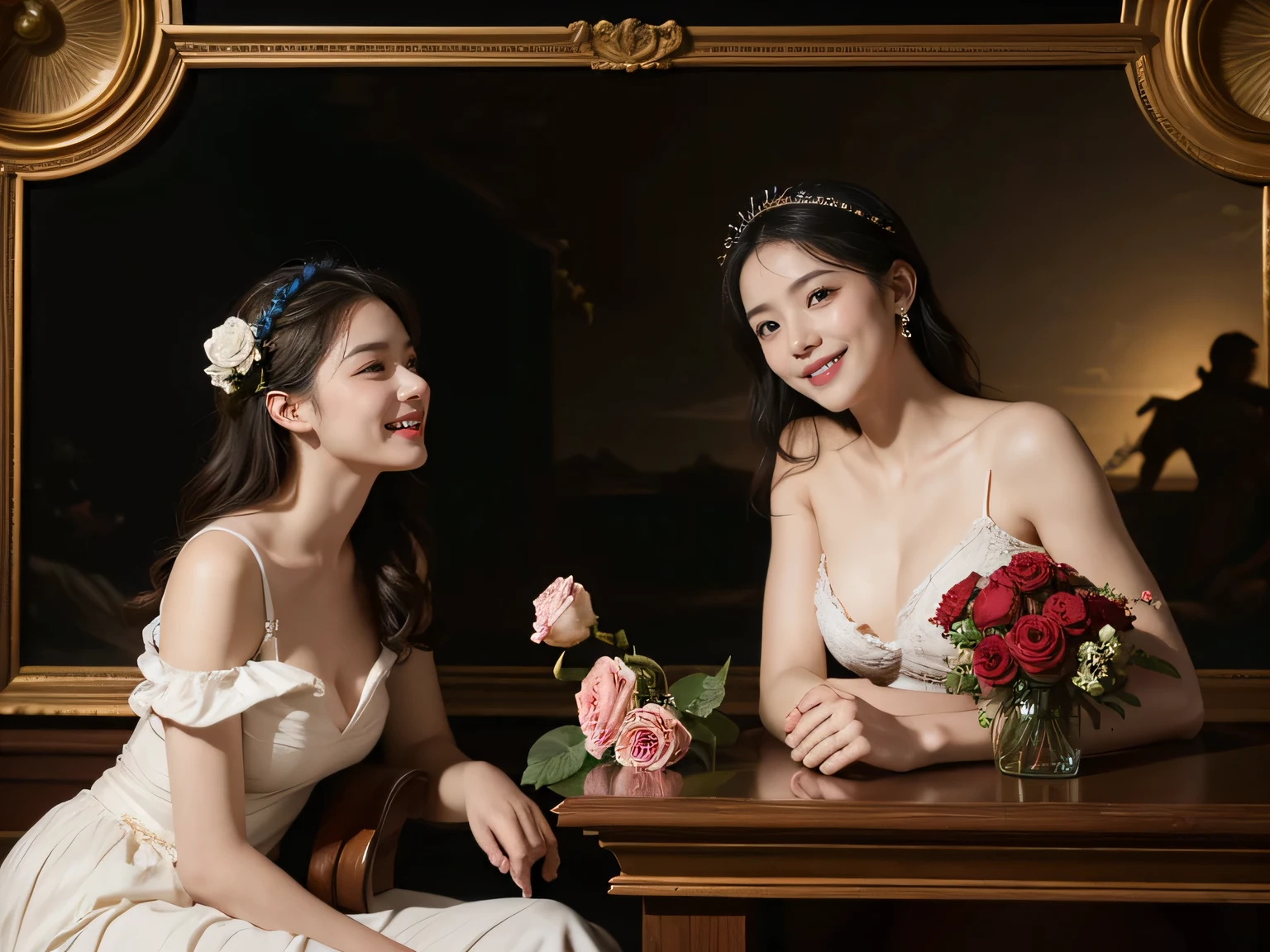 Jacques-Louis David painting style,Arguments of two female Philosophe,math、astronomical machine、astronaut、roses in vase、fruits、Cute trinkets、smile、ancient greek costume、Background is a forest lake at night 、Clothes that stretch your shoulders、A big smile、beautiful bare skin、A detailed representation of the seducing woman throughout her body.