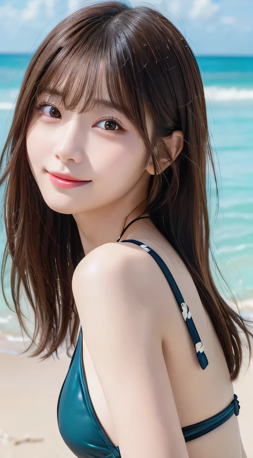 table top, highest quality, shape, Super detailed, finely, High resolution, 16k, perfect dynamic composition, straight hair, medium hair, brown hair,natural color lip, smile, 20歳のgirl、cute、beautiful、完璧でbeautiful顔, beautiful and detailed face, slim face and body, Elegant face, KPOP idol face、Japanese idol faces、small face、Big eyes, brown eyes, droopy eyes, 緻密でbeautiful目, girl, No bangs, swimsuit, swimming, Ocean, sandy beach