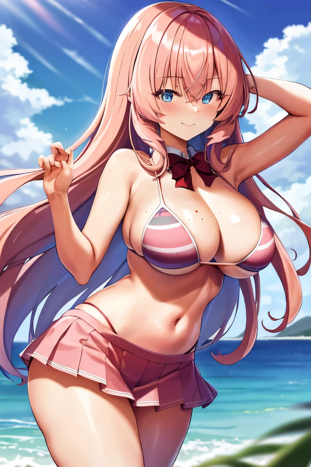 Big tits, masterpiece, best quality, highres, 1girl, ichinose honami, The landscape,With gorgeous pink hair,a blue eyes,Bigchest,(highdetailskin:1.2),laced dress,the shy,Happy,face flushed,Elegant, Ultra small and tight bikini, she wear only bikini, Smooth skin,back to look back,ssmile,close one eye, Background with((Hawaiian))