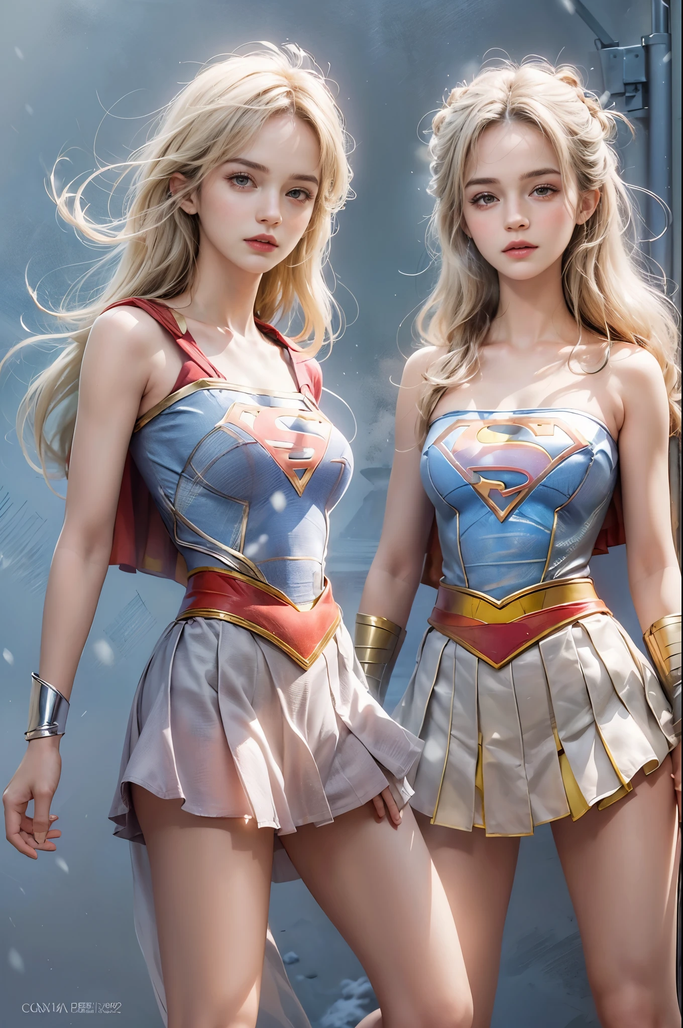 masterpiece, best quality, high quality, High definition, High quality texture, High quality shadow, high detail, beautiful detailed, finely detailed, extremely detailed cg, detailed texture, a realistic representation of the face, realistic, colorful, delicate, sharp focus, (intricate details, makeup, PureErosFace_V1:0.5), (detailed beautiful delicate face, detailed beautiful delicate eyes, a face of perfect proportion, high detailed skin, detailed skin, best ratio four finger and one thumb, skiny and thin:1.3), 1girl, 17 years old, tall, (smooth_abs:1.55), (no_abs:0.5), (((showing abdomen))), (((tummy))), pretty, masterpiece, highres, (long_skinny_legs), (straight_legs), (skinny_waist), (((fair skin))), white skin, (((pale skin))), (Emma_watson), big_breast, (((Caucasian))), (((European))), Light blonde hair, orange Bandeau, orange short pleated skirt, standing legs apart, looking at viewer, full body, portrait of cute blonde girl, (((supergirl))), (outside,Heavy snowfall, Cover with snow), (frontal light), (((studio light))) ((crop top)), showing abdomen, showing abs, snowfield, bloom, white fog, motion, wispy hair, realism, high-quality rendering, stunning art, high quality, film grain, Fujifilm XT3, dreamy, (((skinny thigh, thin thigh, narrow thigh)))