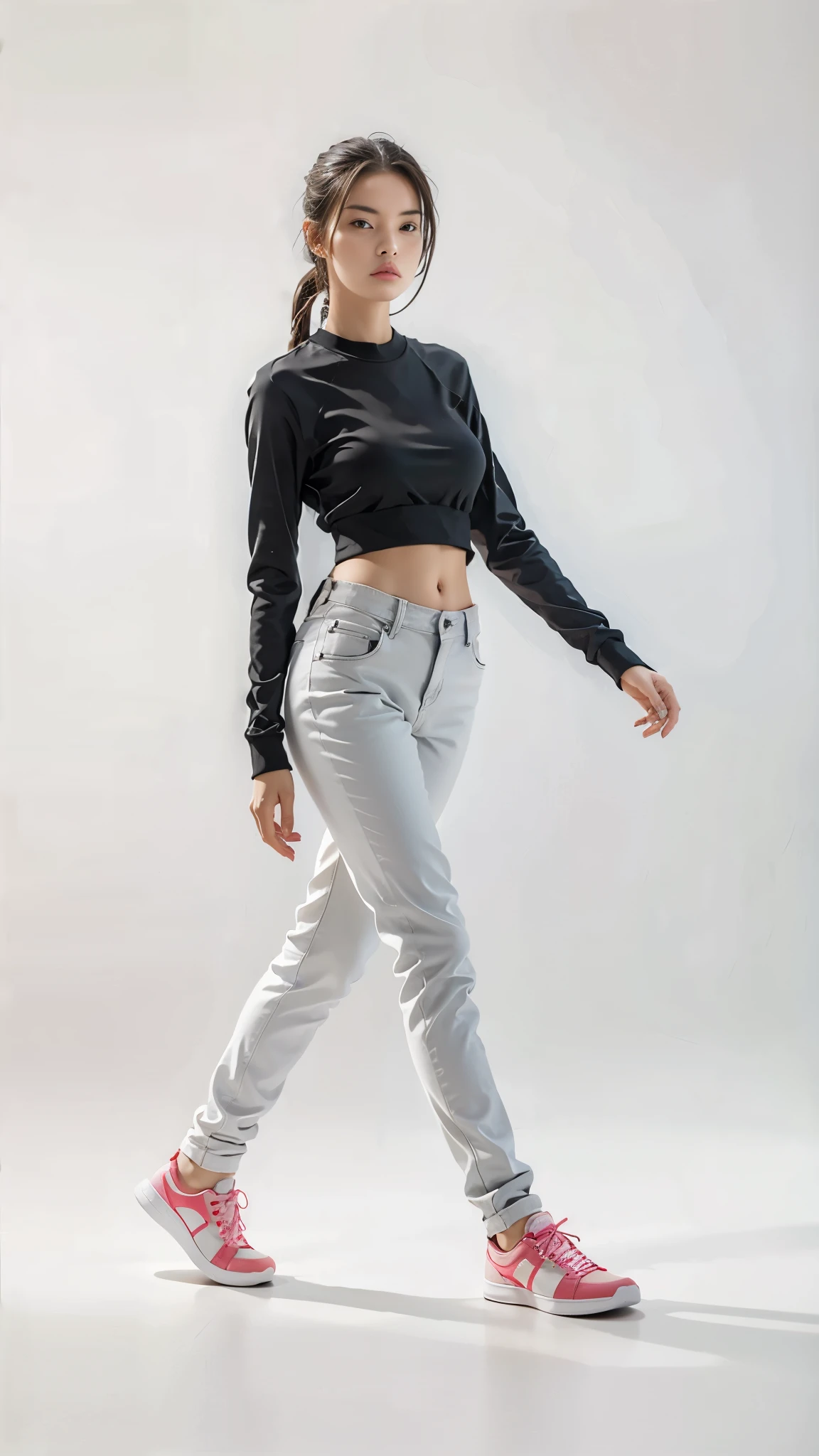 16K, Masterpiece, photorealism, A girl walks to her full height, a girl with dark long hair, a girl dressed in a white top, light jeans, white sneakers, white background,