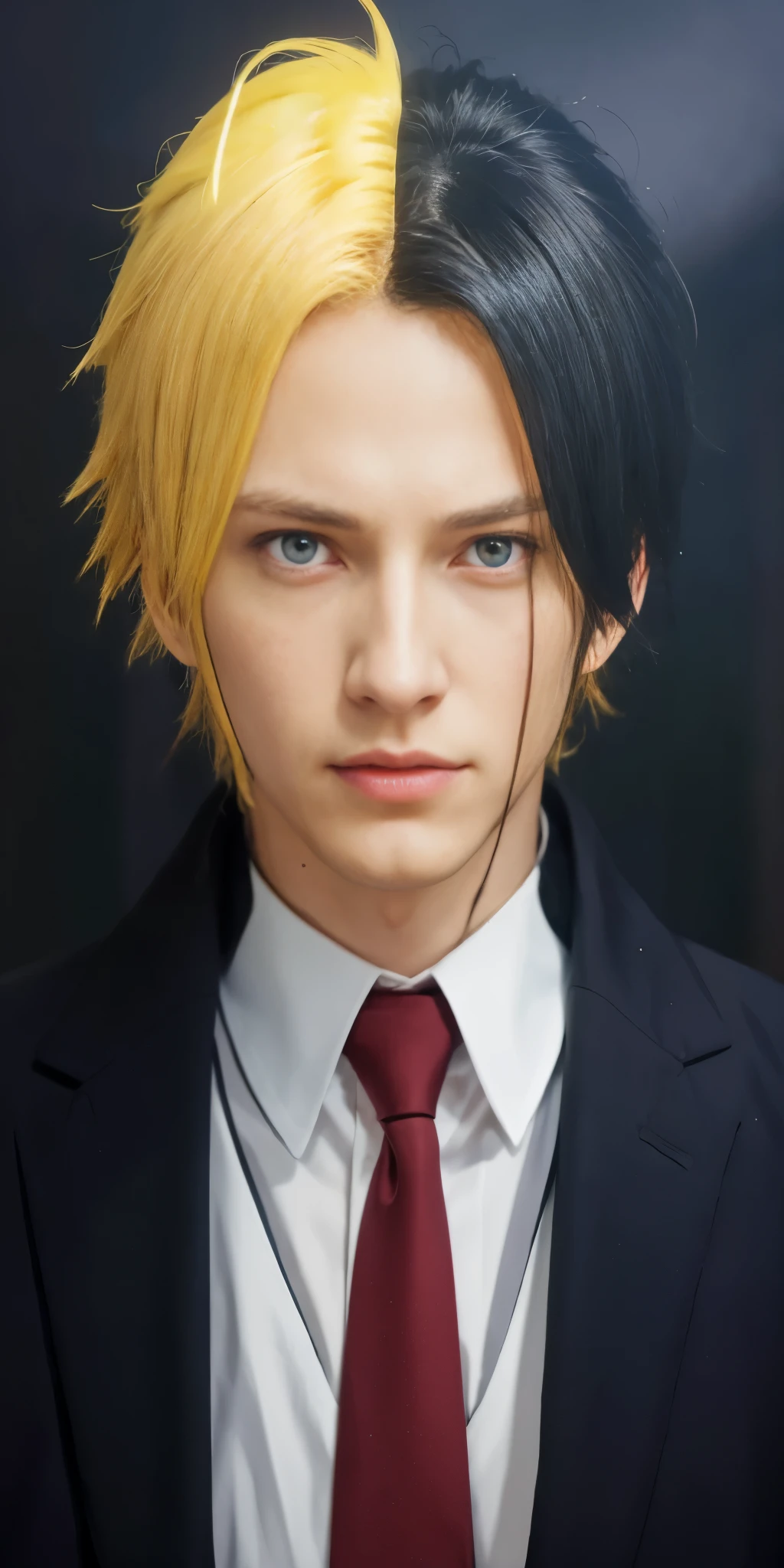 anime character with yellow hair and red tie in front of a dark background, handsome guy in demon slayer art, key anime visuals, johan liebert mixed with alucard, dio brando, male anime character, kentaro miura manga art style, key anime art, tall anime guy with blue eyes, sanji, anime portrait of a handsome man, it has a piercing gaze