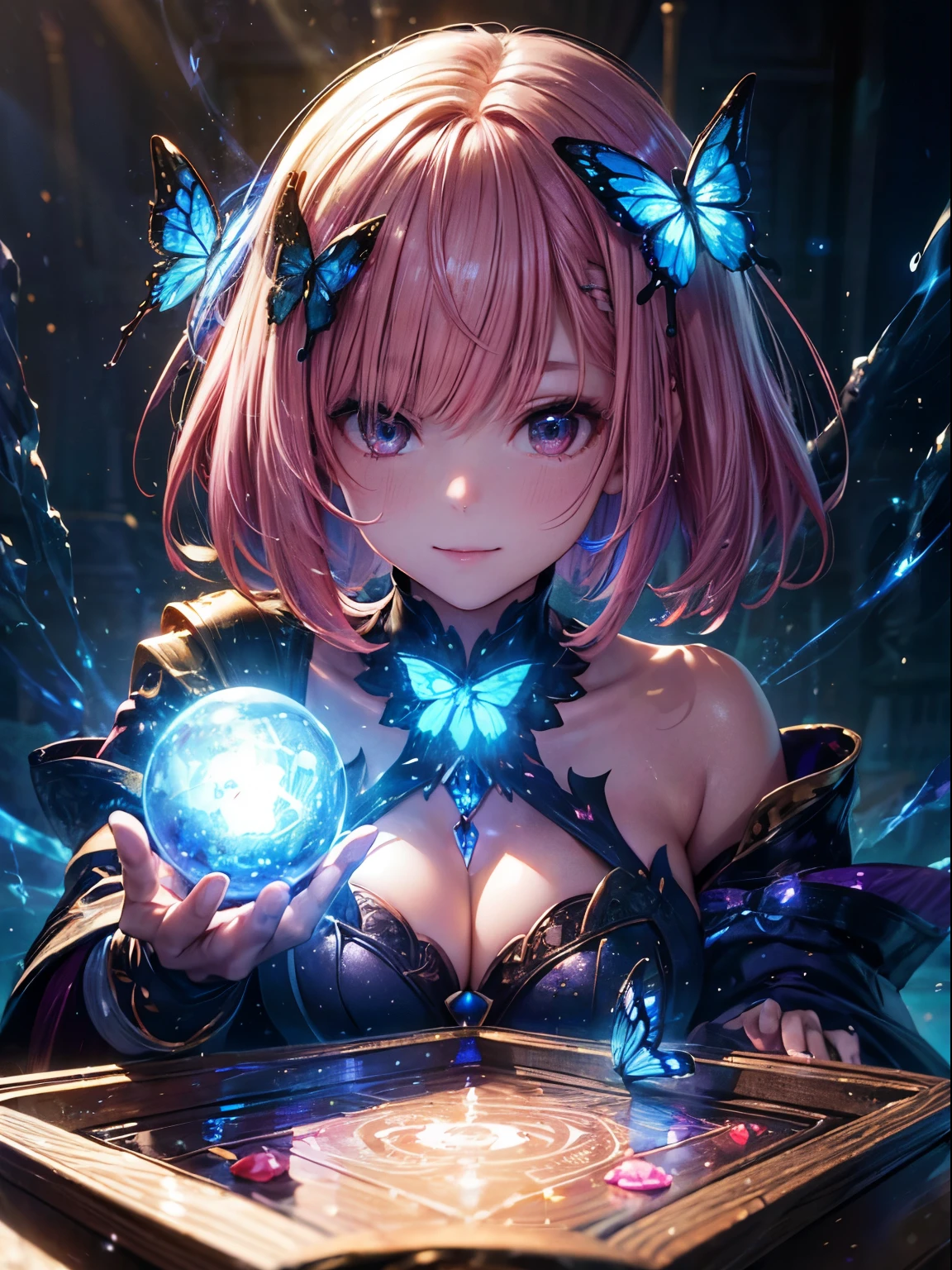 sexy, There is a ring of light in the sky、A magic square is floating in the sky、magician human、A hand holding a bright blue crystal floating in front of my eyes, Close-up, in a dimly lit room, Sorcerer's Room, brighter light, A wizard staring at a flashing ball of light, arcane magician who casts spells, spell casting wizard, With a shining orb, Wizard Casting Spells, cast a protection spell, magician magic witch, cast a powerful spell, Spell casting, Curse magic, Grab the glowing ball of data, Magic、1 girl,naughty smile, (pink hair:1.4),((bob cut)),(Blue butterfly hair ornament 1.3)、Futuristic magic square on night background with bright lights and bright moonlight、(table top:1.3), (8k, realistic magic square(1.8),(8k, Photoreal, RAW photo, highest quality: 1.4), beautiful face, (realistic face), detailed and beautiful eyes, (realistic skin), black eyes, visible nipples, camel_toe,
