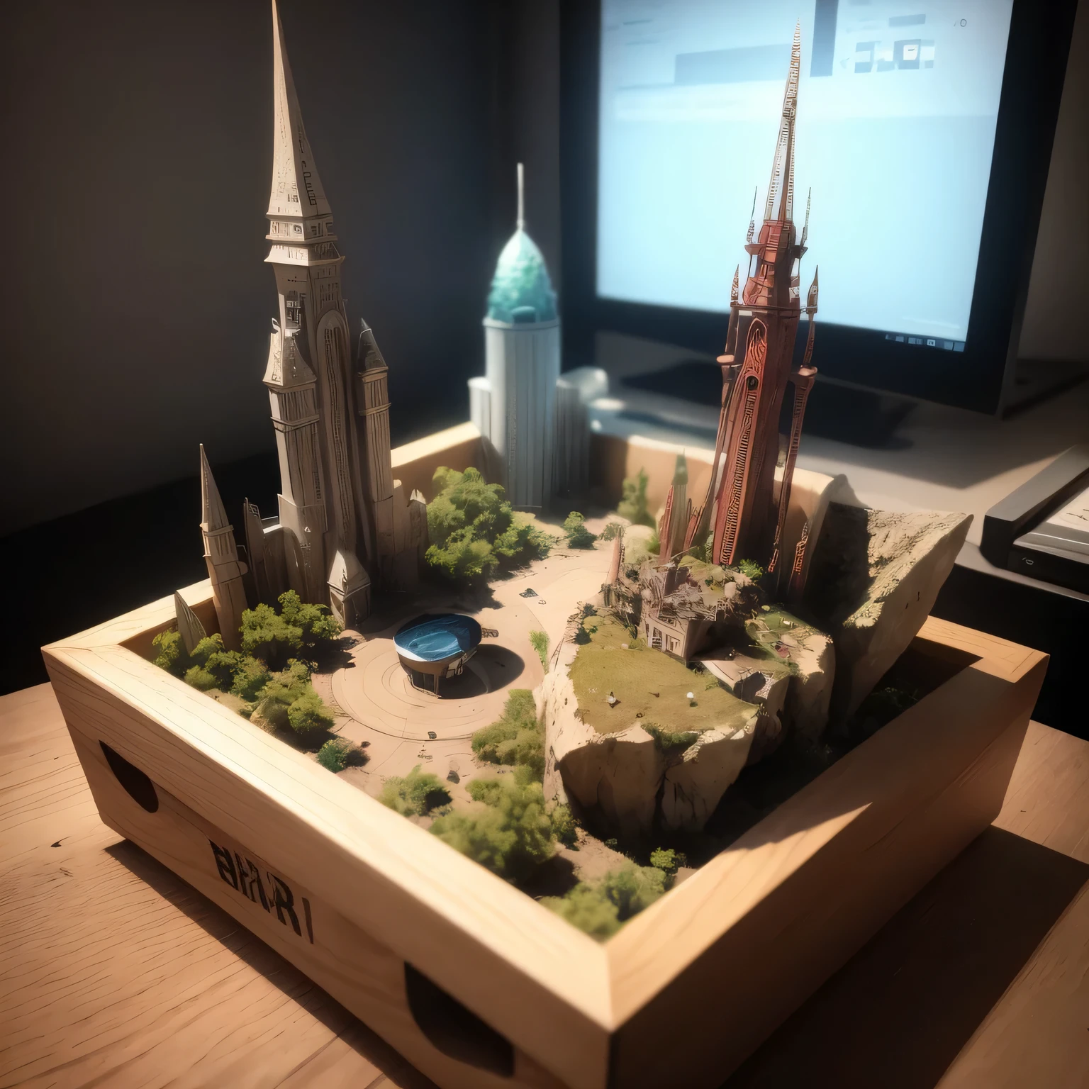 3598年Mars realistic model, (split ends, original photo, best quality, masterpiece:1.4),Steampunk Cyberpunk 6820 City,(CyberpunkMars light:1.3), Mars (related to land),(in a small nature box:1.3),Isometric, small nature, landscape on foundation,landscape,