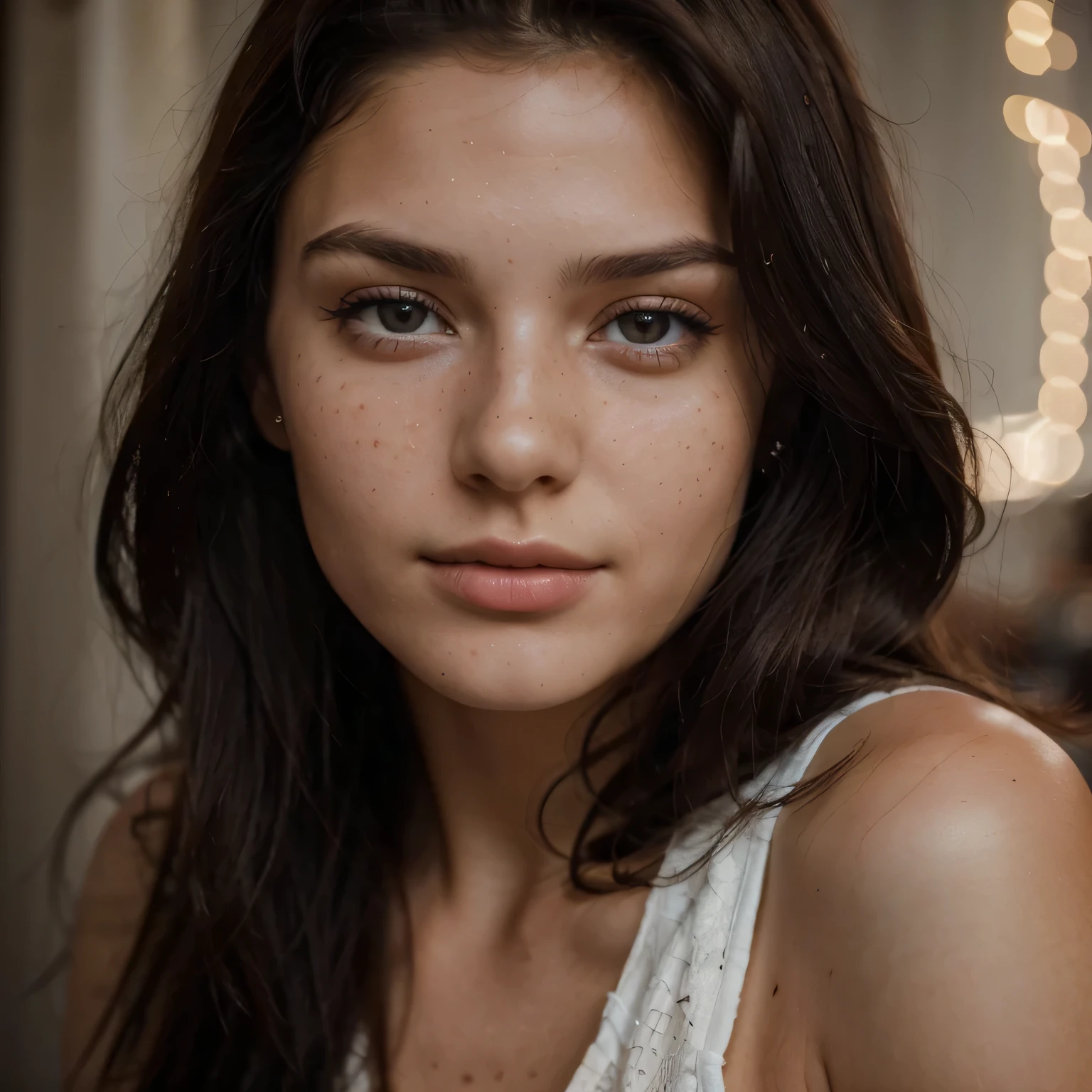 Best quality, ultra_detail, photo of a Beautiful 23-year-old girl, Russian, dark hair, sexy freckles, Beautiful, close-up, young, SLR camera, 8K, Genuine Leather, textured leather, Russian symbols on the face
