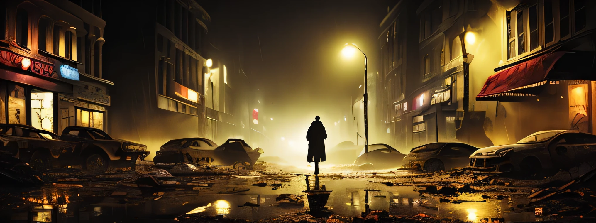 (A man standing on a city street at night, Foggy weather, Destroyed buildings in the background, dusty car, wandering zombies, Very detailed, surrealistic, dark atmosphere, rain, intricate details, radial)
