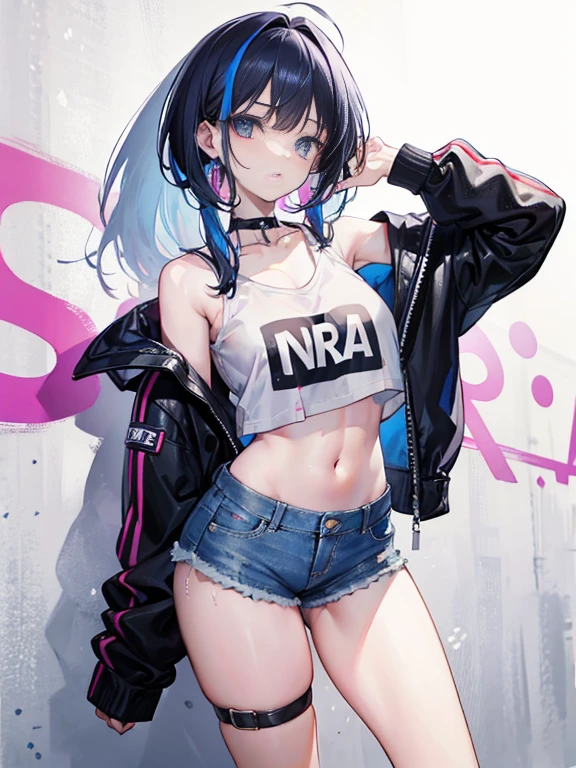 Masterpiece, best quality, 1girl's absurdist solo pose displays her streaked hair cascading down her shoulders, a crop top revealing her midriff, denim shorts hugging her hips, and a choker adorned neck. Graffiti art covers the background, with paint splatters splashed playfully on her arms tucked behind her back. Leaning back with a slouch, she leans against the wall, her thigh strap peeking out from beneath her denim shorts. Paint marks her body, a smear of color here and there, adding to the artful scene. Upturned eyes peek out from under her head, tilted to the side in a