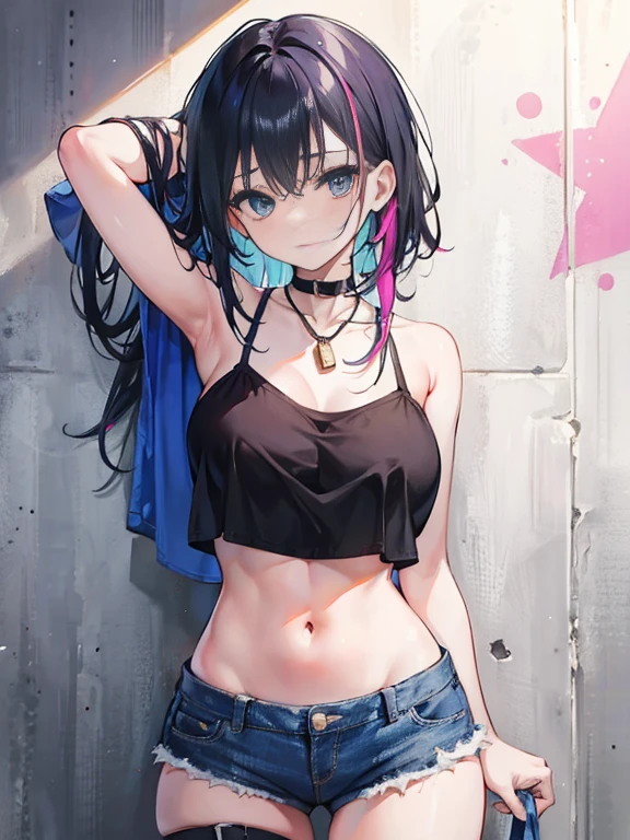 Masterpiece, best quality, 1girl's absurdist solo pose displays her streaked hair cascading down her shoulders, a crop top revealing her midriff, denim shorts hugging her hips, and a choker adorned neck. Graffiti art covers the background, with paint splatters splashed playfully on her arms tucked behind her back. Leaning back with a slouch, she leans against the wall, her thigh strap peeking out from beneath her denim shorts. Paint marks her body, a smear of color here and there, adding to the artful scene. Upturned eyes peek out from under her head, tilted to the side in a