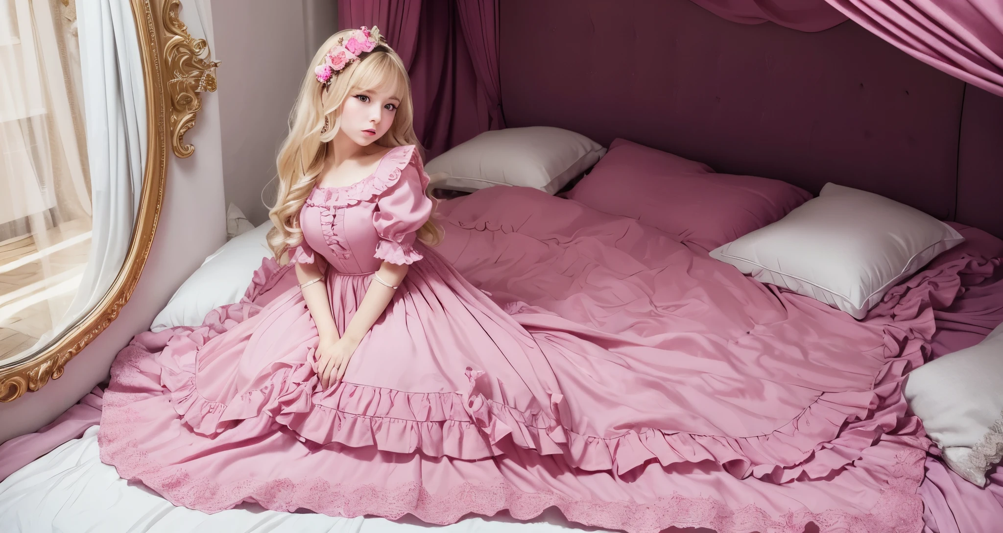 ,highest quality, masterpiece, highest resolution, artwork, super それにget used to it, many get used to it, get used to it, それにget used to it, 3K ultra-high resolution realistic photos,,(( When I )),Super detailed baby face,She isss,Full length ball gown dress with hoop skirt,ruffled yoke collar,puff sleeves,long sleeve,((Lolita style hot pink detailed princess satin dress、Comes with lots of frills and ribbons。)),colorful rococo fashion,shiny satin dress,Soft and smooth fabric,luxury,long blonde hair,blue eyes,white skin european,pajamas,((inside the palace)),,,(( When I was 10 years old)),Super ce,Full length ball gown dress witirt,long skirt,ruffled yoke collar,puff sleeves,腰まで伸びるlong blonde hair,blue eyes,white skin european,pajamas,((inside the palace bedroom)),ピンクのシルクサテンのluxuryなcanopy bedの上,canopy bed,luxurious curtains under the canopy,many frilly pillows on the bed,super detailed background,detailed bed,silk satin bed sheets,soft silk satin comforter,Soft silk satin ruffled pillow in pastel colors,little princess is sitting on the bed,legs are hidden in the dress,Don&#39;Don&#39;t put your feet out to the side,Beautiful girl illustration,detailed beautiful face detailed hair,detailed human eye ,detailed mouth, arm details,fine hands,Detailed pillow,Frilly pillows piled up behind the girl,