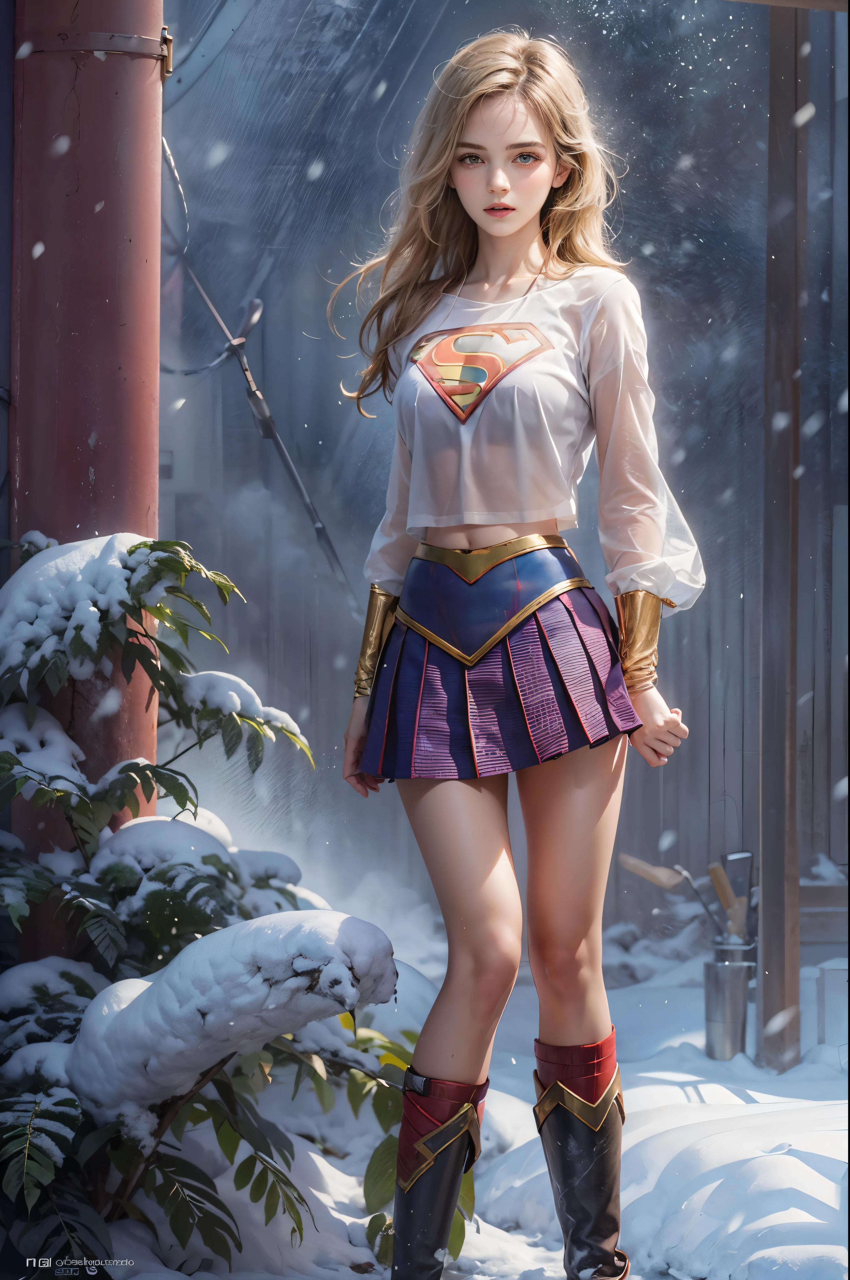 masterpiece, best quality, high quality, High definition, High quality texture, High quality shadow, high detail, beautiful detailed, finely detailed, extremely detailed cg, detailed texture, a realistic representation of the face, realistic, colorful, delicate, sharp focus, (intricate details, makeup, PureErosFace_V1:0.5), (detailed beautiful delicate face, detailed beautiful delicate eyes, a face of perfect proportion, high detailed skin, detailed skin, best ratio four finger and one thumb, skiny and thin:1.3), 1girl, , tall, (smooth_abs:1.55), (no_abs:0.5), (((showing abdomen))), (((tummy))), pretty, masterpiece, highres, (long_skinny_legs), (straight_legs), (skinny_waist), (((fair skin))), white skin, (((pale skin))), (Emma_watson), big_breast, (((Caucasian))), (((European))), Light blonde hair, orange Bandeau, orange short pleated skirt, standing legs apart, looking at viewer, full body, portrait of cute blonde girl, (((supergirl))), (outside,Heavy snowfall, Cover with snow), (frontal light), (((studio light))) ((crop top)), showing abdomen, showing abs, snowfield, bloom, white fog, motion, wispy hair, realism, high-quality rendering, stunning art, high quality, film grain, Fujifilm XT3, dreamy, (((skinny thigh, thin thigh, narrow thigh)))