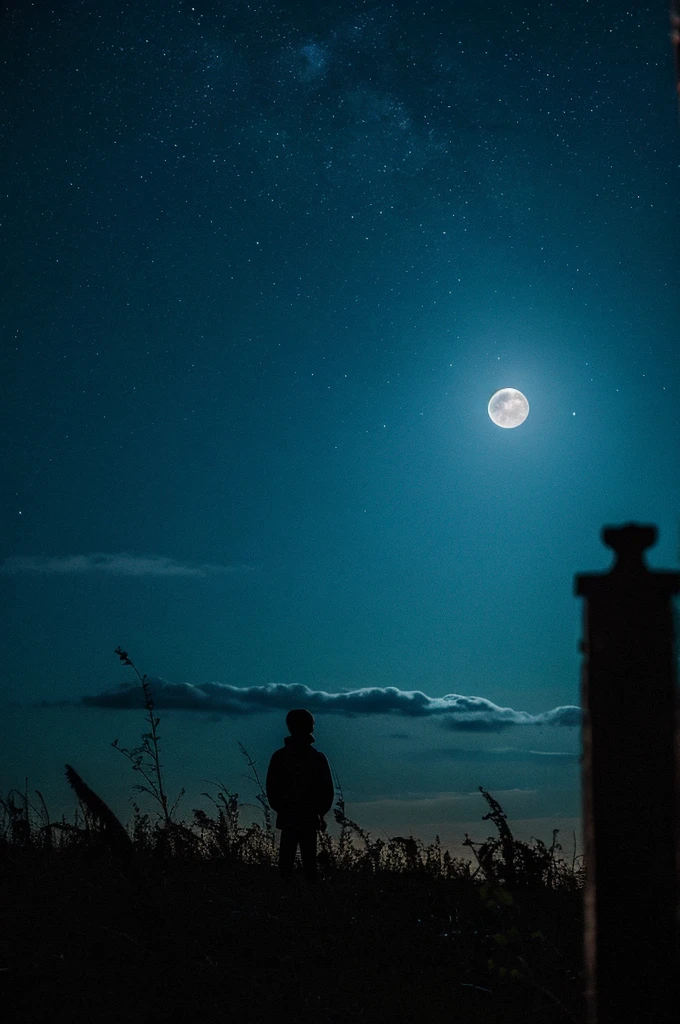 highest quality,big moon and shadow,A silhouette of a person can be seen against the background of the big moon.,There is one full moon,There is a mood,beautiful scenery,starry sky