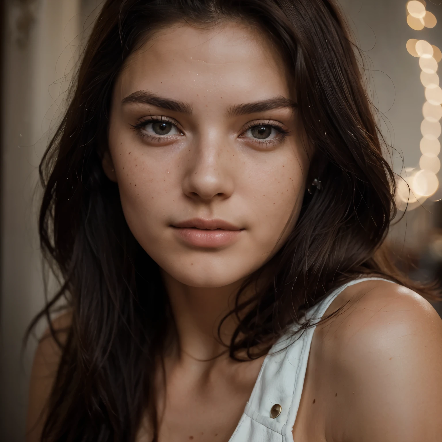 best quality, ultra_detail, photo of a beautiful 23-year-old girl, Russian, dark hair, sexy freckles, beautiful, close-up, young, SLR camera, 8k, natural leather, textured leather, Russian symbols on the face