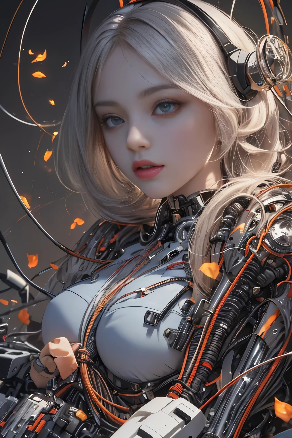 (((Masterpiece))), ((Best Quality)), (Super Detail), (CG Illustration), (Very Evil and Beautiful)), Cinematic Light, ((1 Mechanical Girl)), Single, (Mechanical Art: 1.4), ((Mechanical limb)), (Blood vessel attached to a tube), ((Mechanical spine attached to the back)), ((Mechanical cervical vertebrae attached to the neck), expressionless, ( Wires and cables attached to the head and body: 1.5), Science Fiction, Apocalypse, Ruins, (Lower Body Integrated with Mechanical Devices), (Blood: 1.5), Cruelty, Absurdity, Eroticism, Fusion with Machines, Doomsday Time, Super Future, Inorganic, Laboratory, Restraint, (Beautiful Indulgence: 1.2), (1 Girl: 1.3), Body Wrapped Around Mechanical Tentacles, ((big boobies)), long blonde hair, big tits on focus