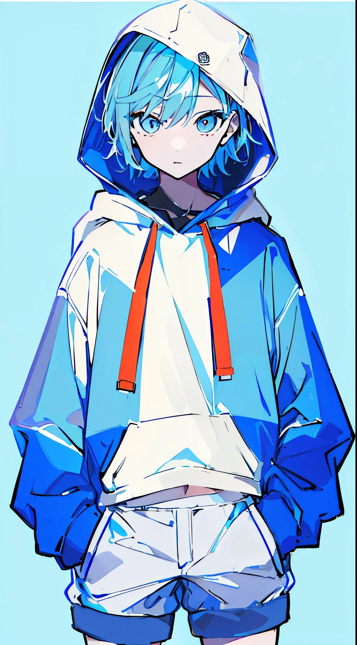 (masterpiece, highest quality:1.6), alone, thick outline, (simple background, light blue background, light blue theme:1.2), official art, Key Visual, 8K, disorganized, whole body, (unique hair, oversized hoodie, hot pants, wearing a hood, arch back, short torso:1.2), belly button, thighs, cowboy shot, HDR, sharp focus, High resolution, most detailed, very detailed, Super detailed, finely, detailed eyes and face, sharp pupils, realistic student, solo, White and blue contrast, hands in pockets