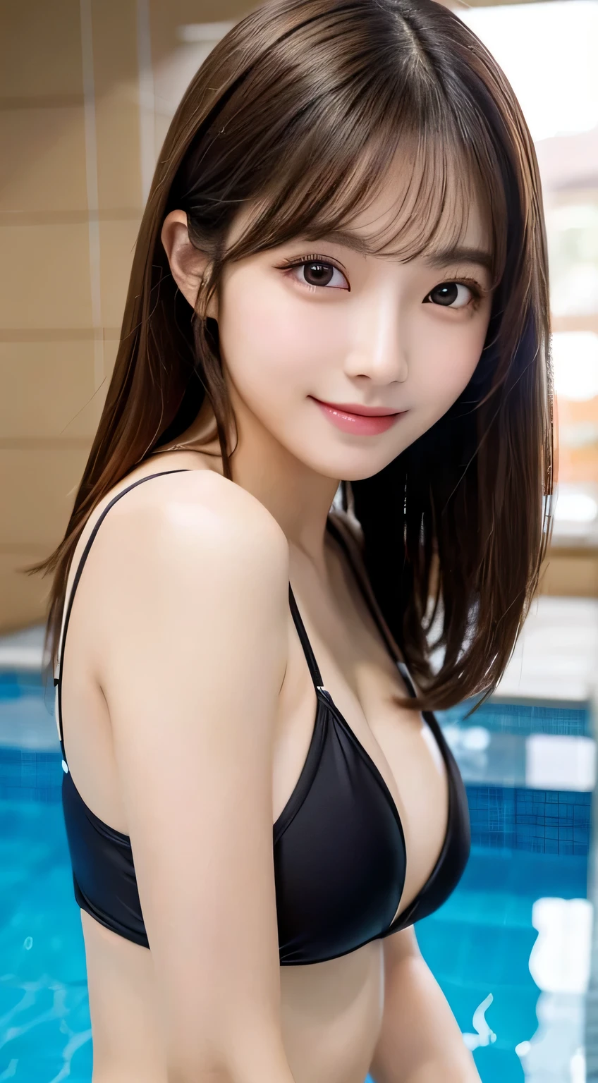 (Best quality, 8k, masterpiece: 1.3), a pretty girl with perfect figure: 1.4, (teens, high school ), (black hair, small breasts), (blunt bangs:1.2), bikini, in the pool side, highly detailed face and skin, detailed eyes, double eyelids, smile