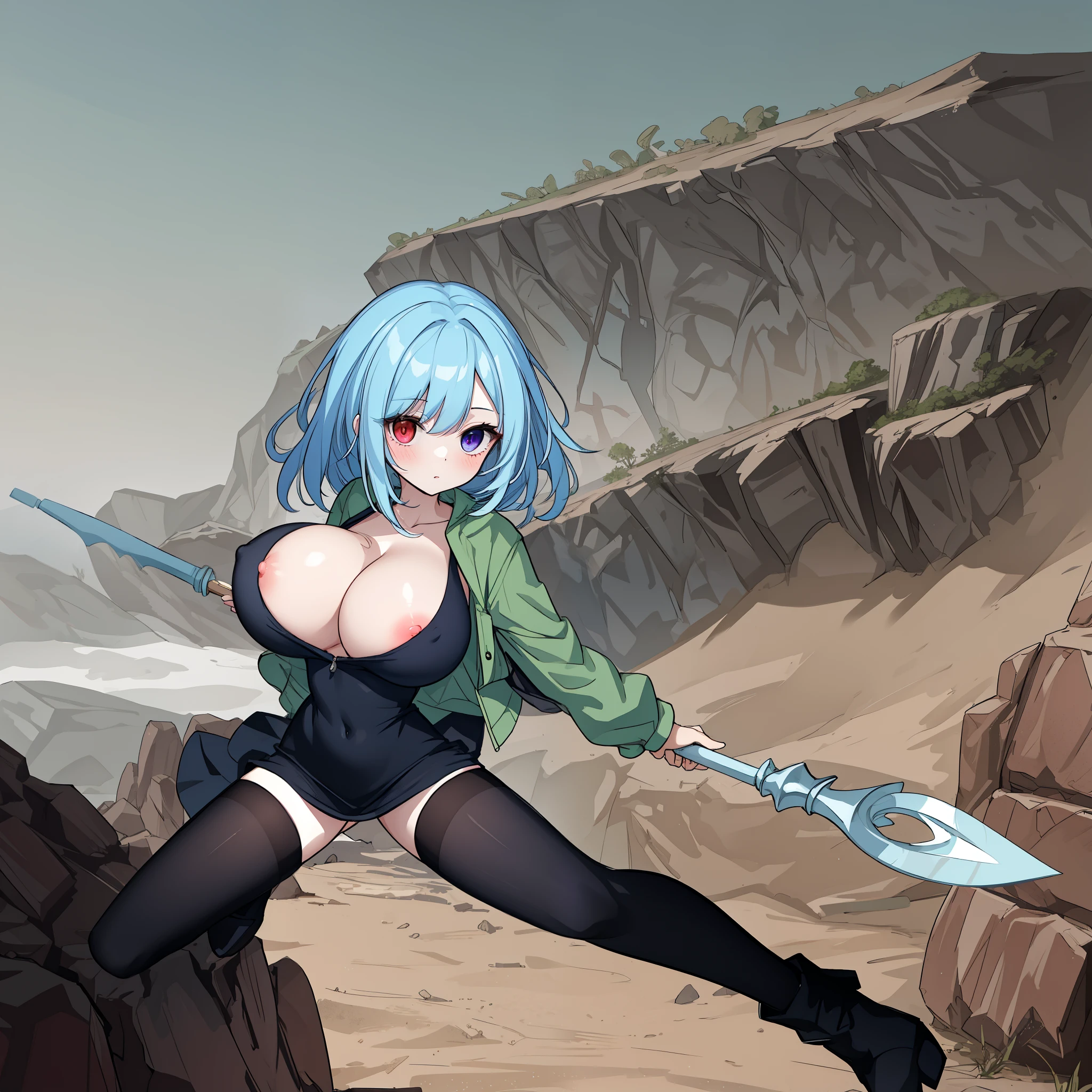 1 skinny girl, solo, light blue hair, (red and purple heterochromia), (red left eye and dark purple right eye:1.4), bending back, looking at viewer, BREAK, black plunging neckline short dress, dark yellow cropped jacket, black thighhighs, BREAK, (bouncing unaligned huge breasts:1.5), cleavage, very short torso, (inconceivably narrow waist), thin long legs, BREAK, holding a spear, BREAK, {nsfw:0.6}, (show off crotch:1.4), desert, desert storm, rocks at background