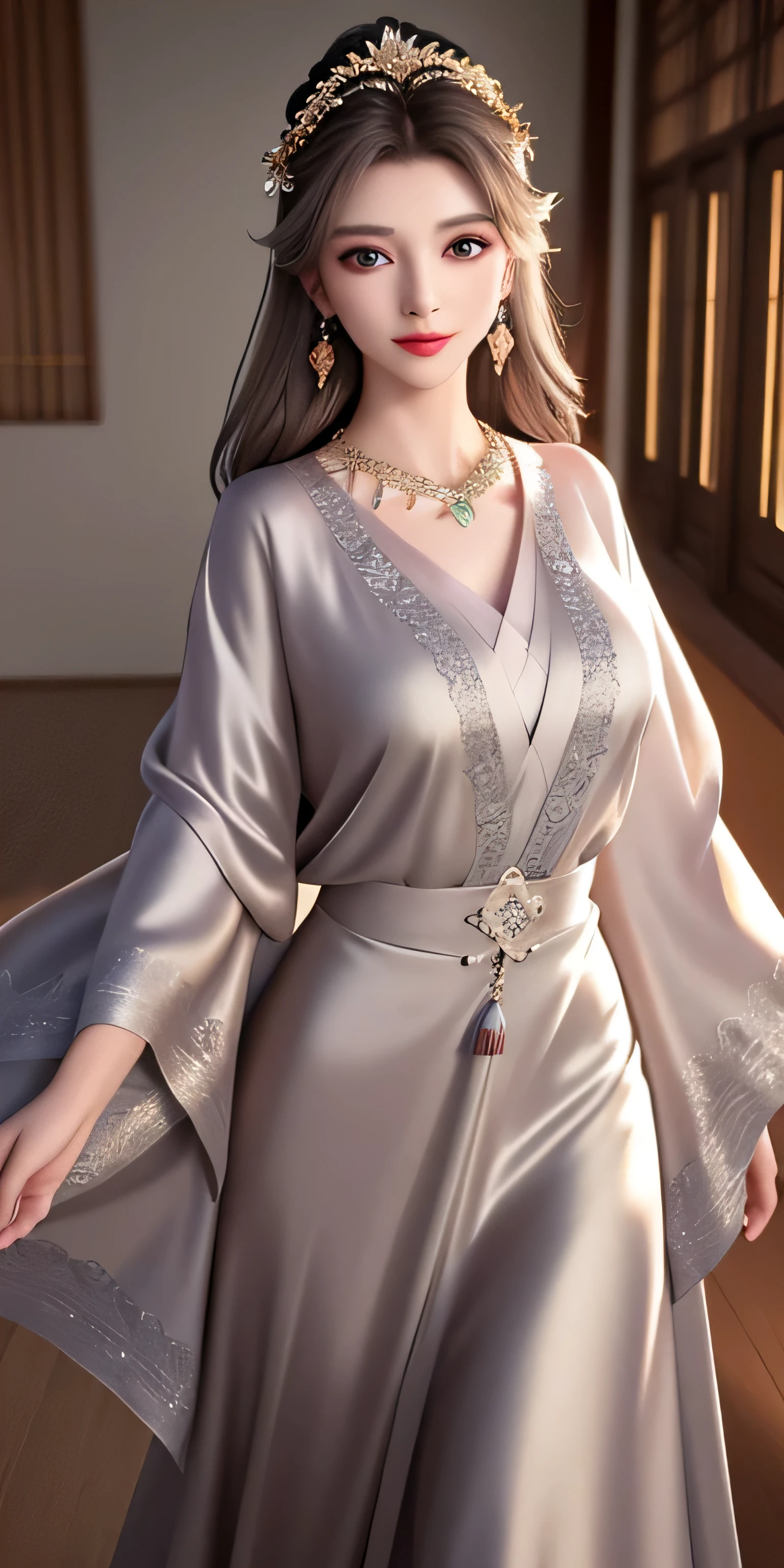 best quality, masterpiece, highres, 1girl, transparent silk china dress, beautiful face, hair ornament, looking at viewer, smile, closed mouth,lips, dress,hair ornament, necklace, jewelry, long hair, earrings, Beautiful face,upon_body, tyndall effect,photorealistic, dark studio, rim lighting, two tone lighting,(high detailed skin:1.2), 8k uhd, dslr, soft lighting, high quality, volumetric lighting, candid, Photograph, high resolution, 4k, 8k, Bokeh photo-realistic, 8k, highly detailed, full length frame, High detail RAW color art, diffused soft lighting, shallow depth of field, sharp focus, hyperrealism, cinematic lighting, a woman in a beautifully makeup, eyeshadow, beautiful big eyes, long eye lashes, wearing (Gray satin), loosely tide, ((Taupe satin kaftan))