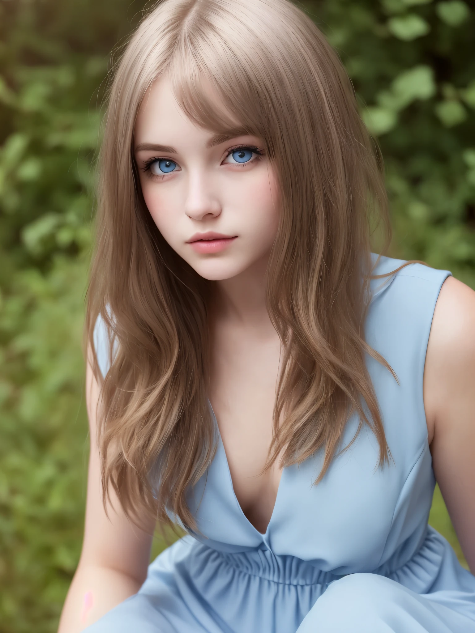Aesthetic artwork, a 21 year old American girl, random hair colour, beautiful eyes, random hairstyle, flushed cheeks, full lips, mischievous gaze, pale light skin, ((blue short dress)), sexy, no smile