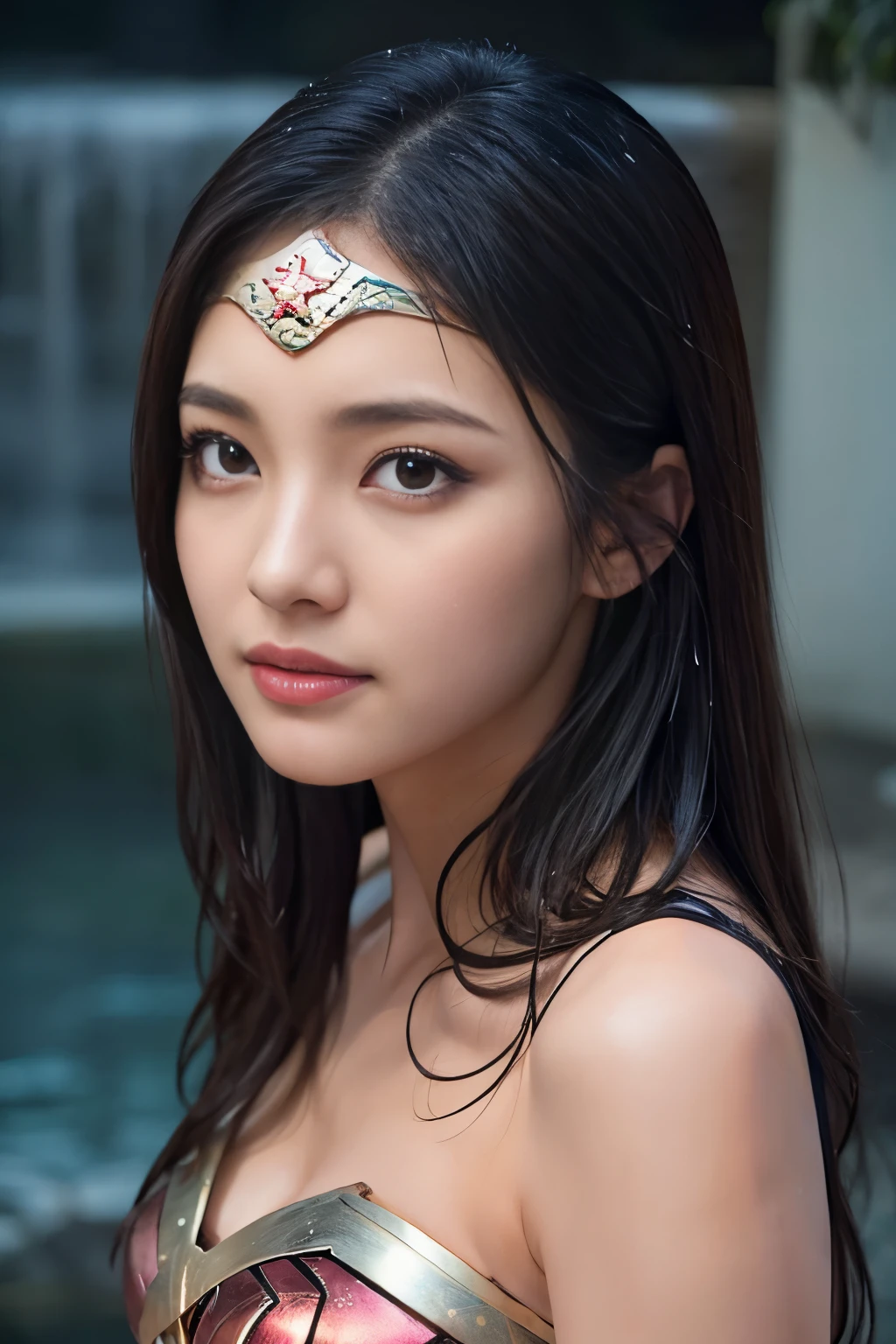 It's raining heavily,heavy rain,water dripping、splashing a lot of water from the head,Inside the fountain,wet wonder woman、drenched wonder woman,wet hair,wet body、splash of water,water dropletasterpiece、1 beautiful girl、fine eyes、puffy eyes、highest quality, 超High resolution, (reality: 1.4), movie lighting、Japanese、asian beauty、Korean、super beautiful、beautiful skin、body facing forward、close up of face、(超reality的な)、(High resolution)、(8k)、(very detailed)、(美しくfine eyes)、(Super detailed)、 (wall-)、detailed face、bright lighting、professional lighting、looking at the viewer、look straight ahead、slanted bangs、brown hair、Nogizaka Idol、korean idol、fiery idol pose、、25 years old、wonder woman cosplay,wonder woman tiara