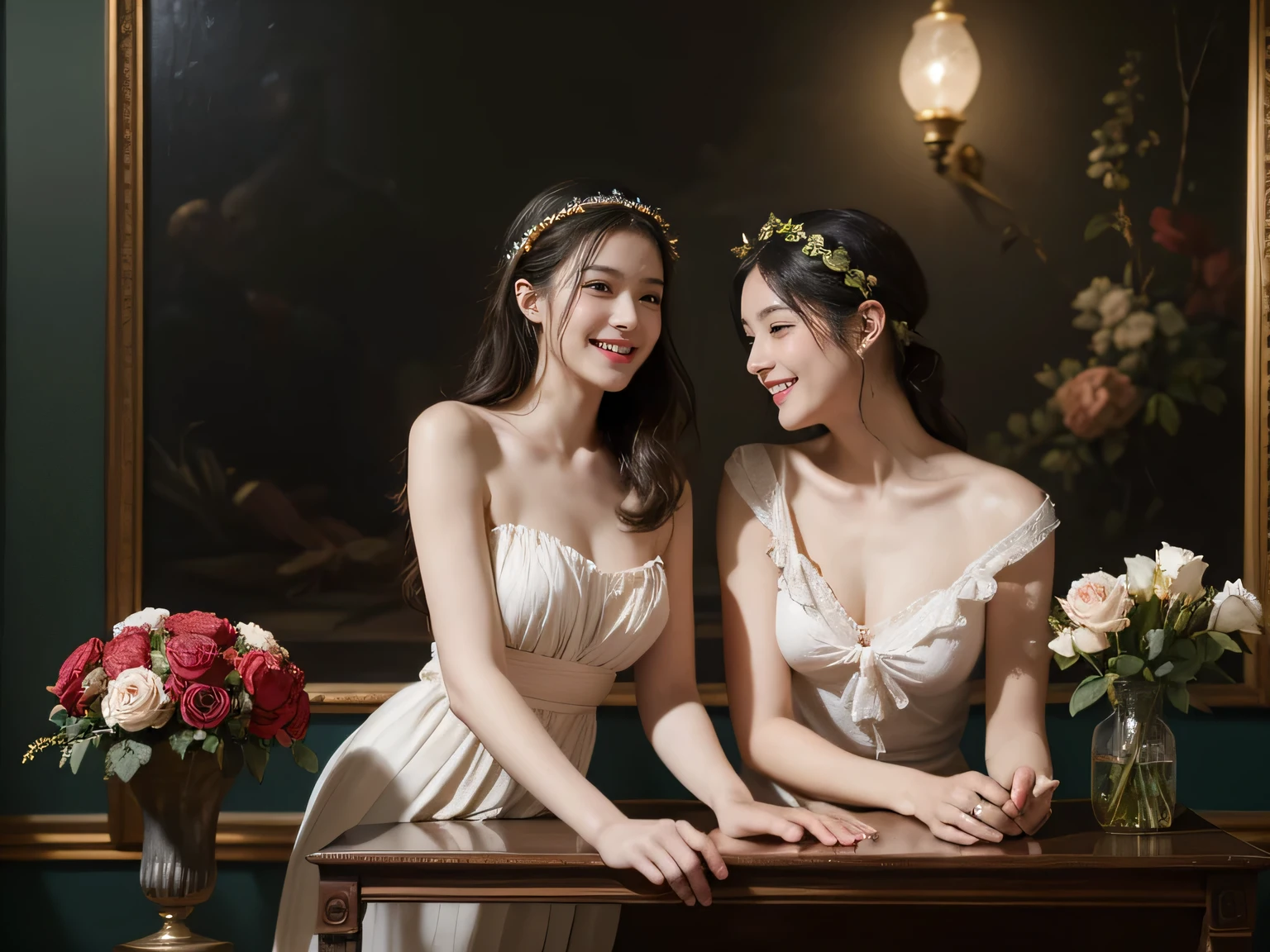Jacques-Louis David painting style,Arguments of two female Philosophe,math、astronomical machine、astronaut、roses in vase、fruits、Cute trinkets、smile、ancient greek costume、Background is a forest lake at night 、Clothes that stretch your shoulders、A big smile、beautiful bare skin、A detailed representation of the seducing woman throughout her body.